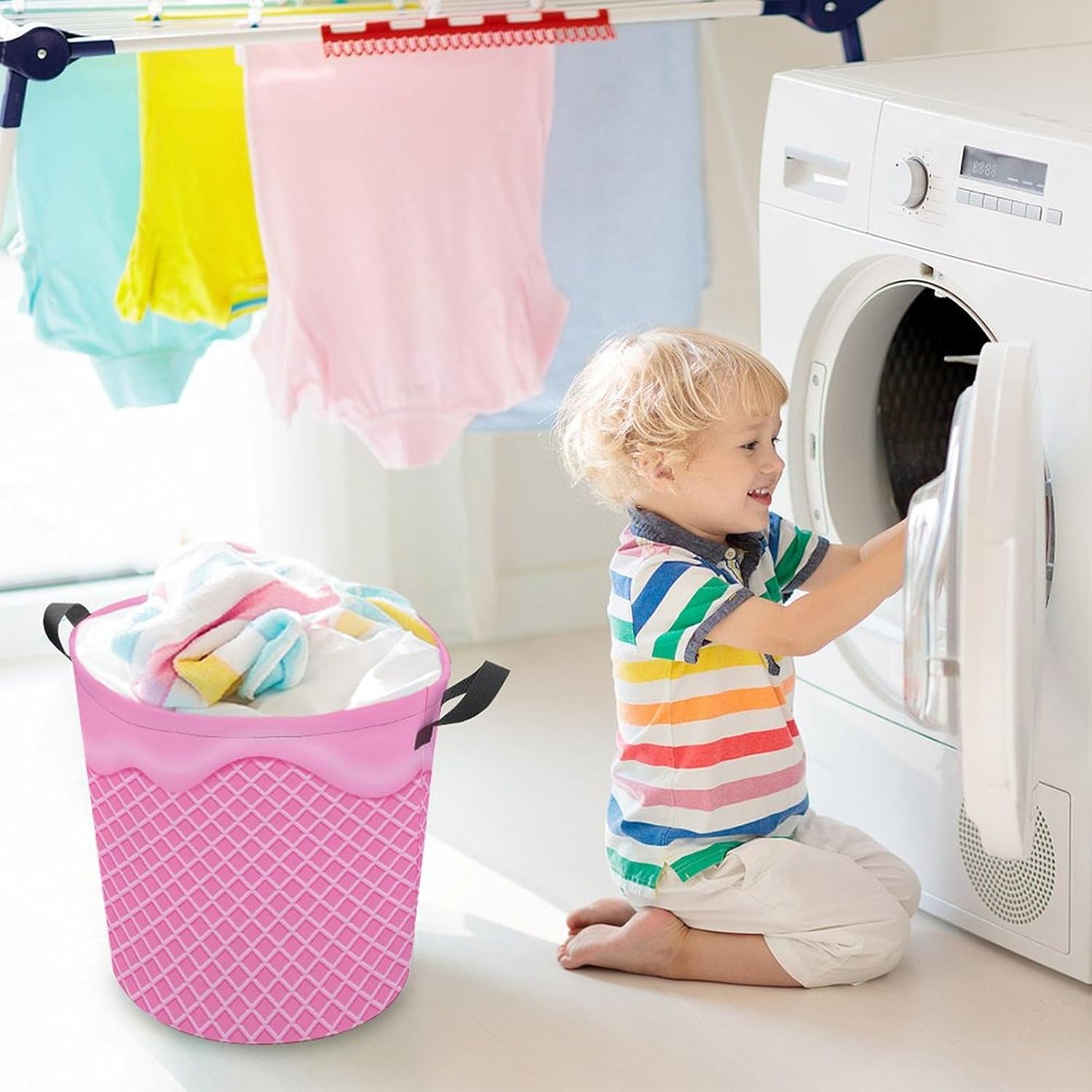 Pink Flowing Ice Cream Washable Laundry Hamper with Handles for Easy Access