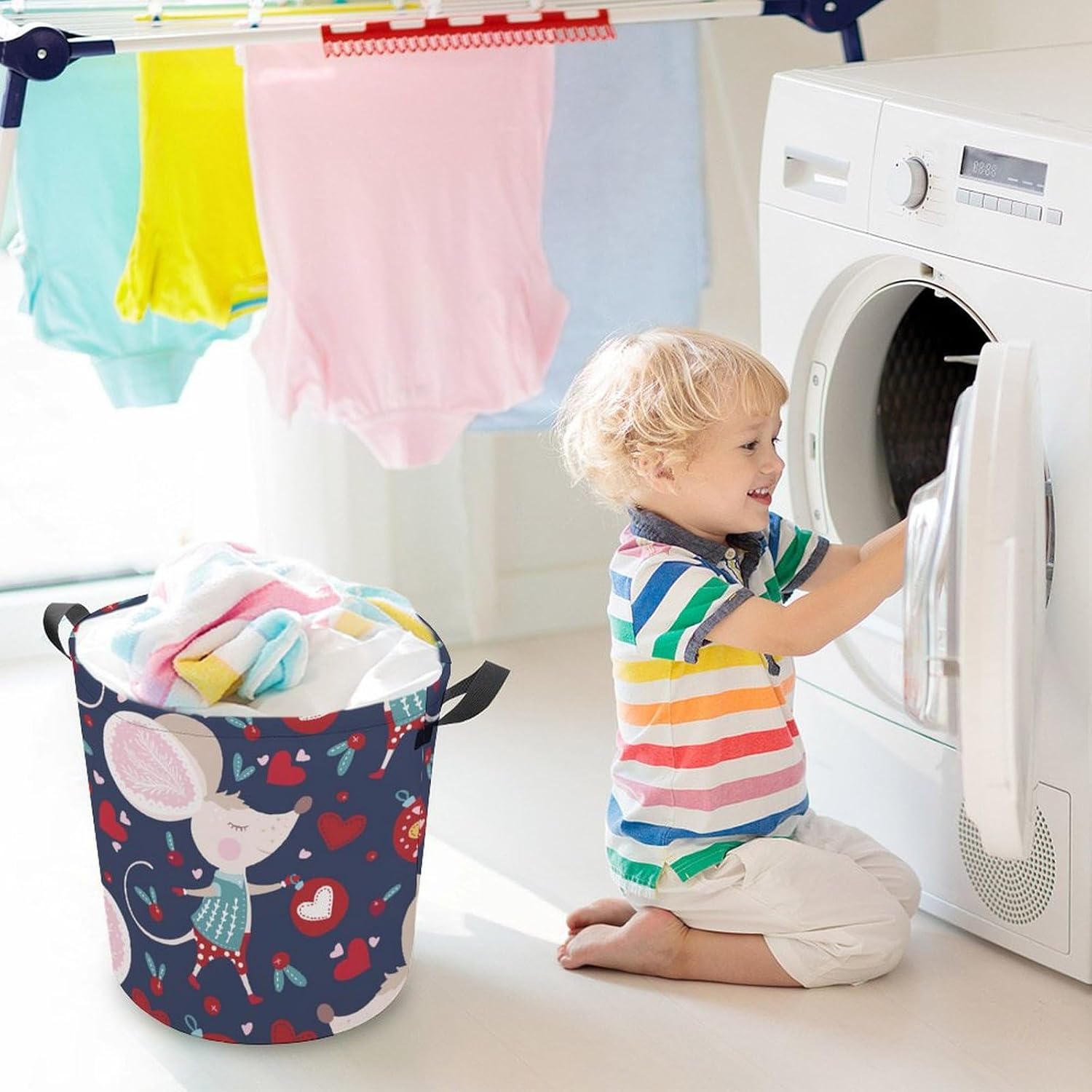 Perfect for Families Students Cute Mouse Design Collapsible Laundry Basket