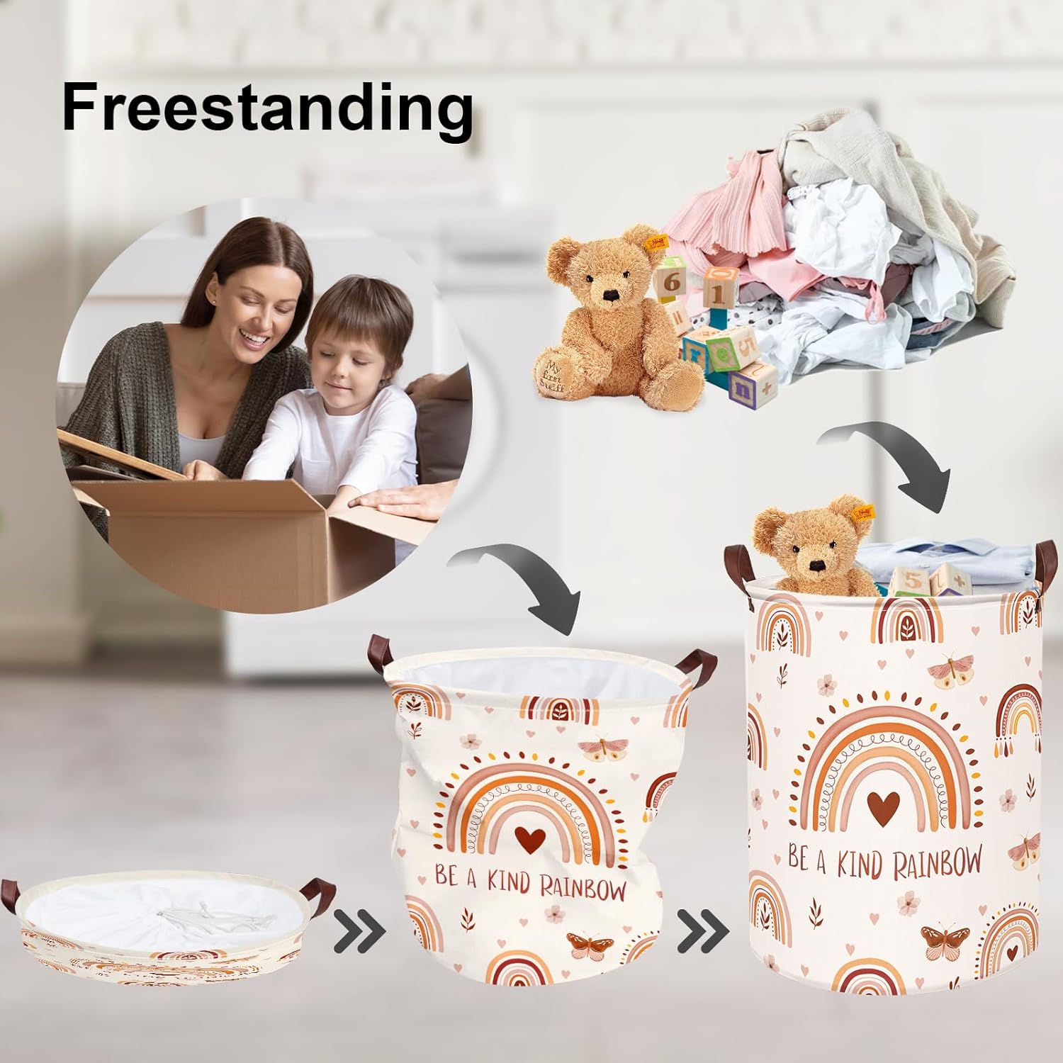 Clastyle 45L Boho Rainbow Washable Hamper with Handle Pink