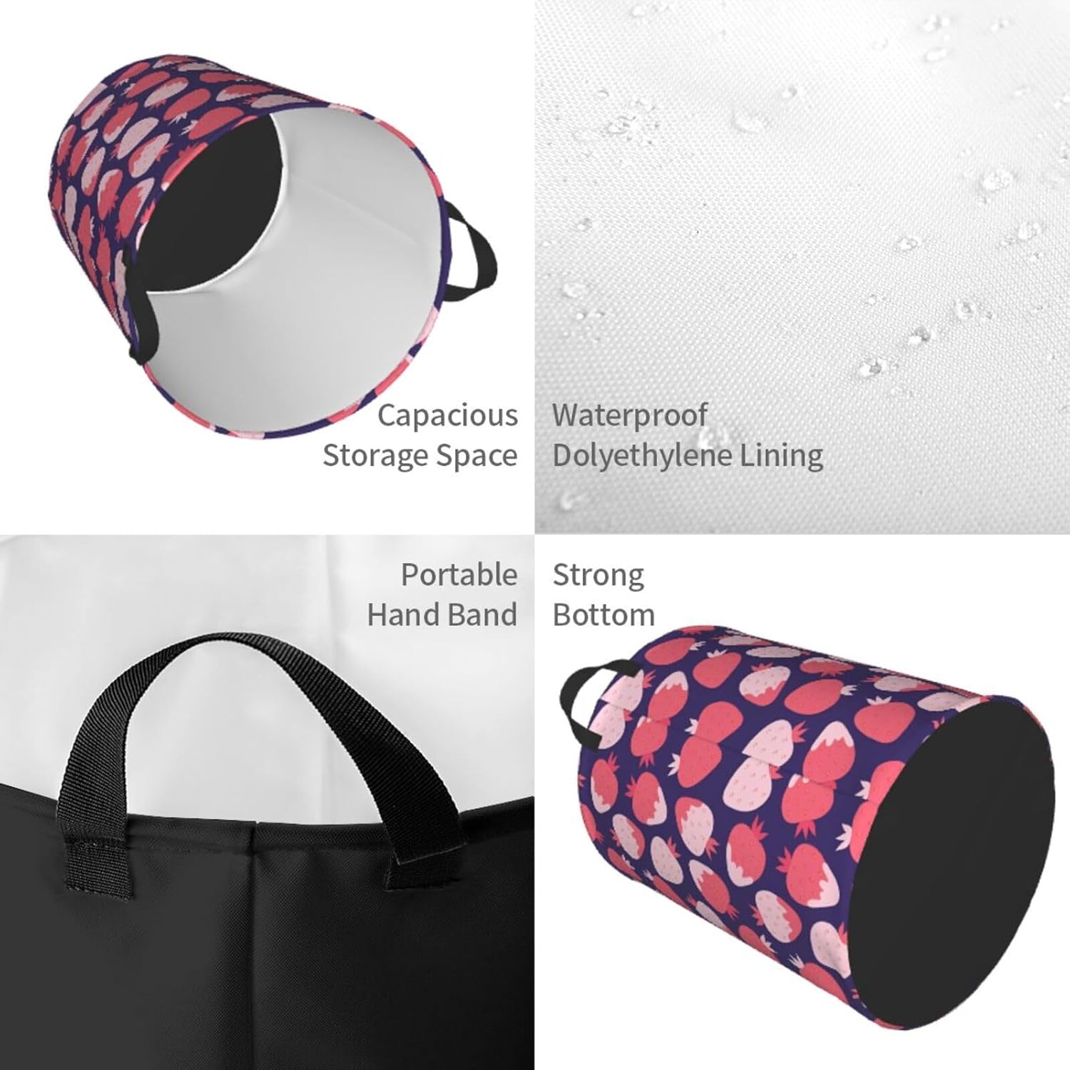 Strawberry Collapsible Laundry Basket w Handles Easy Carry Storage Organizer