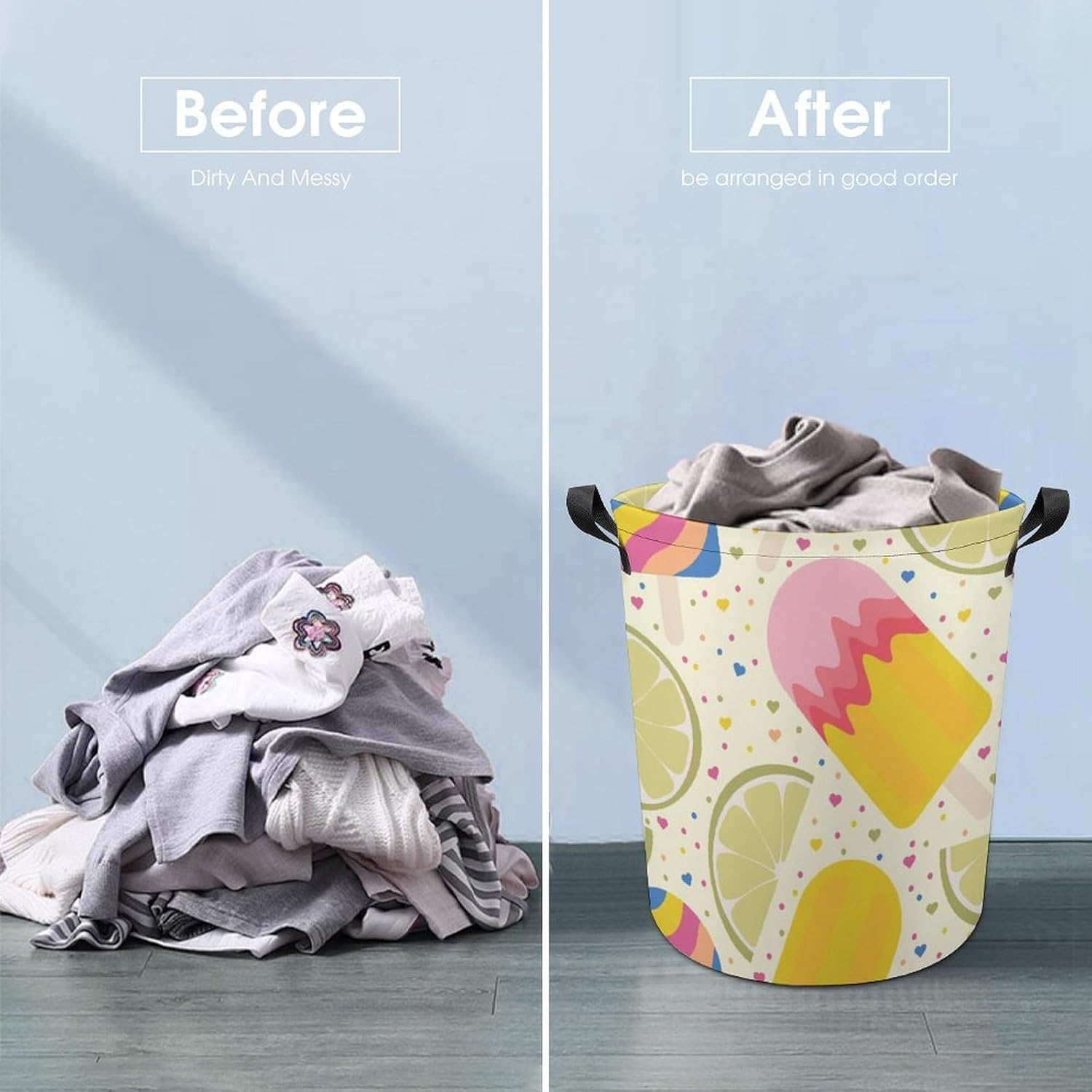 Lemon Ice Cream Laundry Hamper Summer Popsicles Basket Organizer