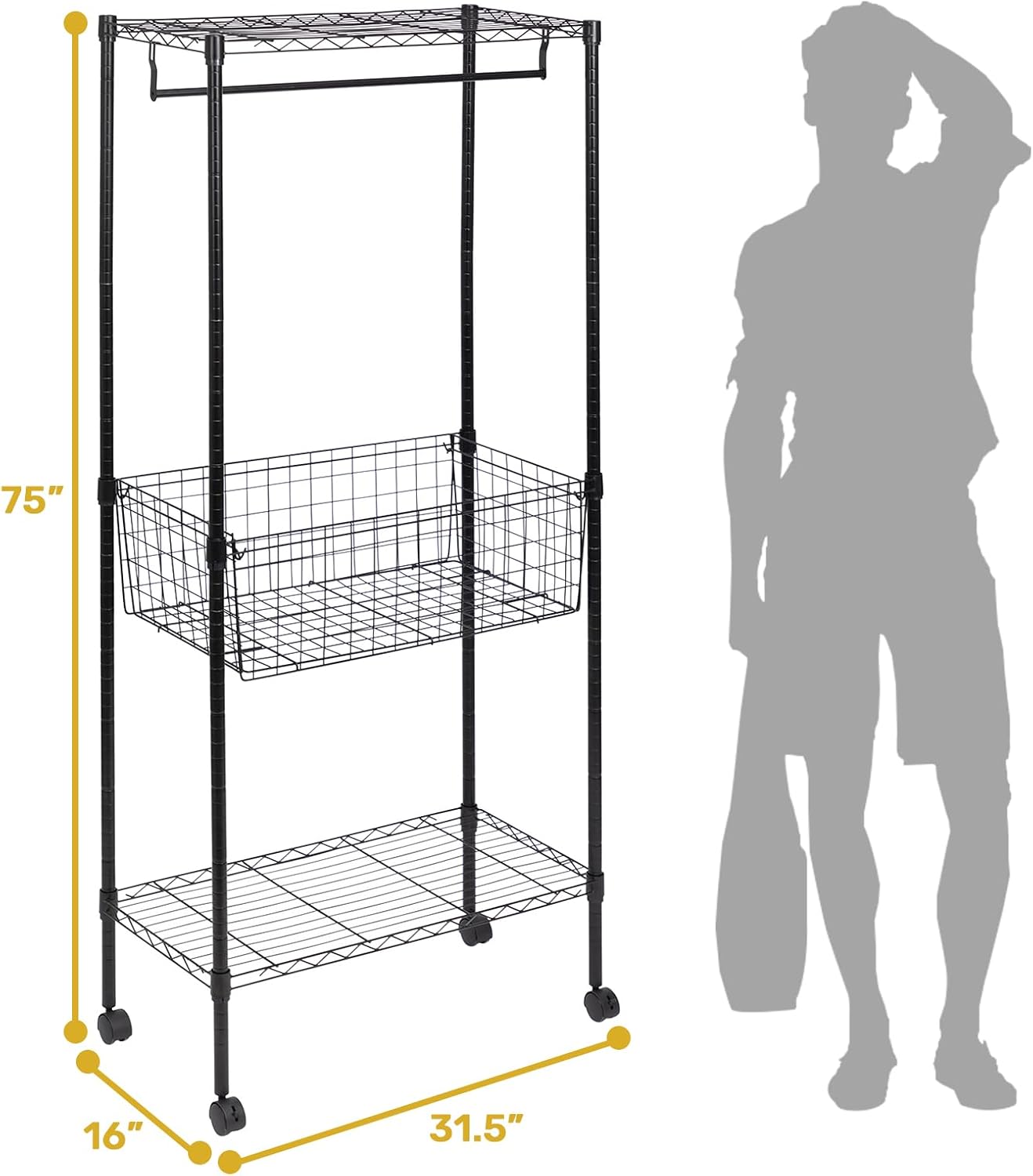 ALIMORDEN Laundry Cart with Clothes Rack Black