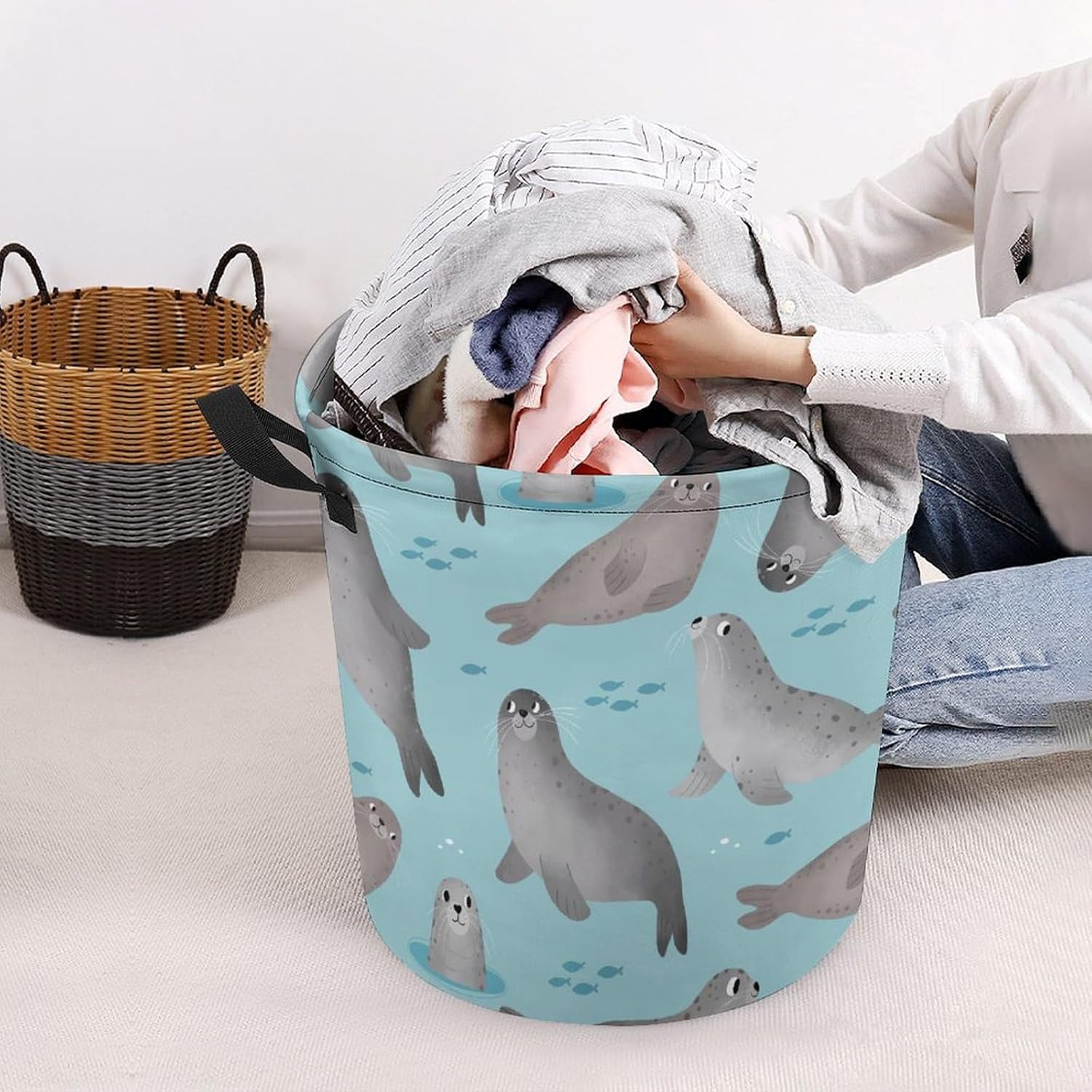 Meikko Durable Waterproof Cartoon laundry Hamper w Easy Carry Handles
