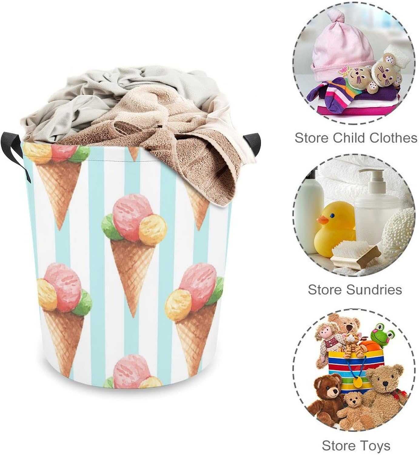 Cute Ice Cream Laundry Hamper Watercolor Blue Plaid