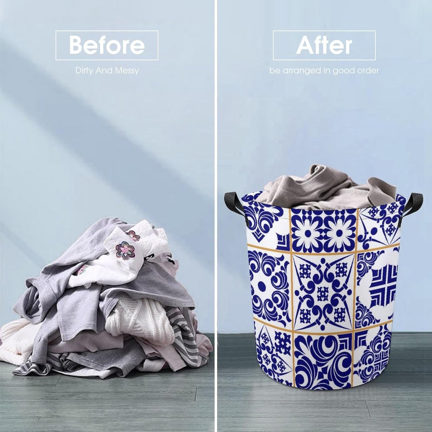 Blue Patchwork Tile Laundry Basket