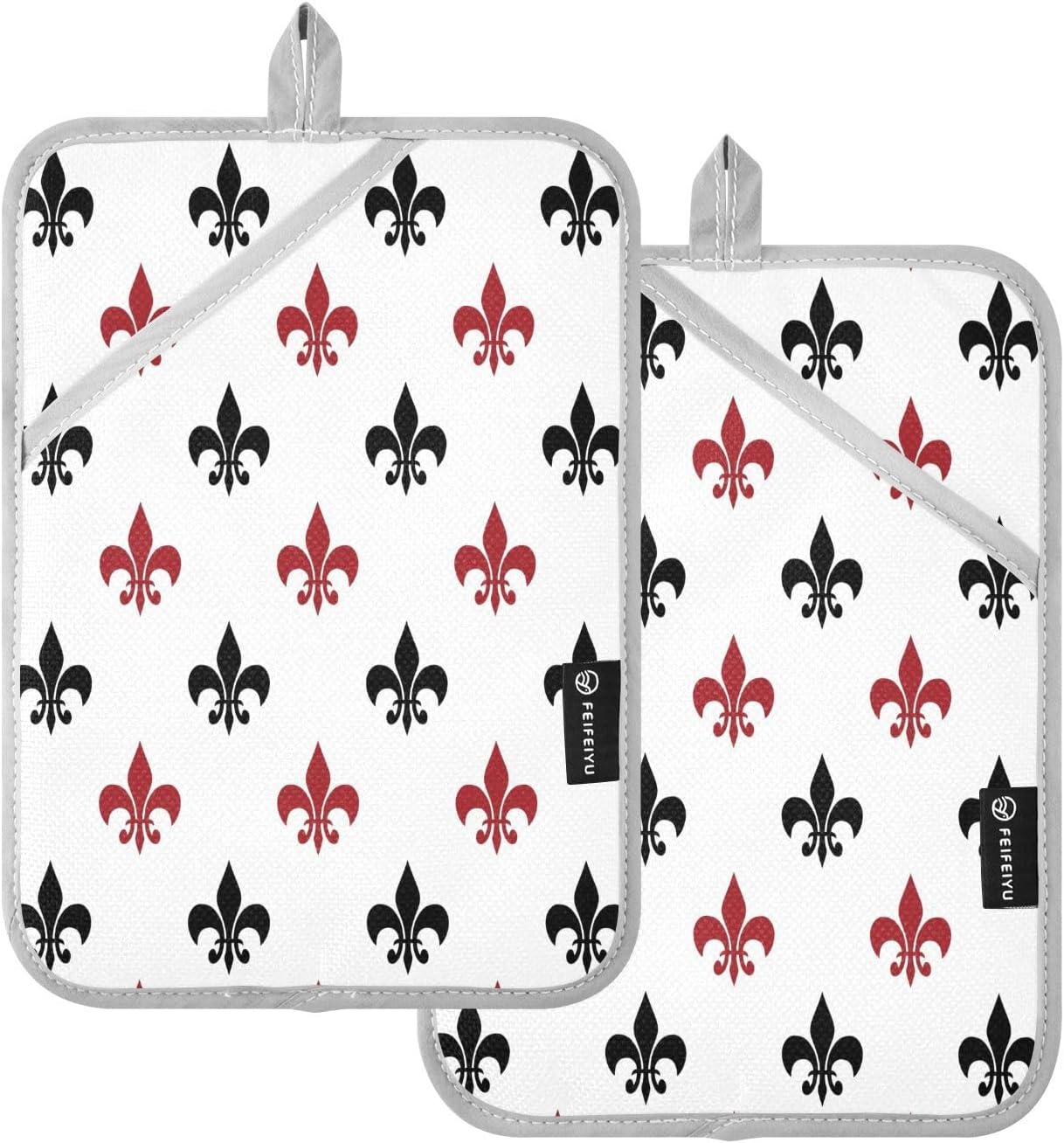 Kcldeci Fleur De Lis Red Black French Damask Oven Mitts 2Pack