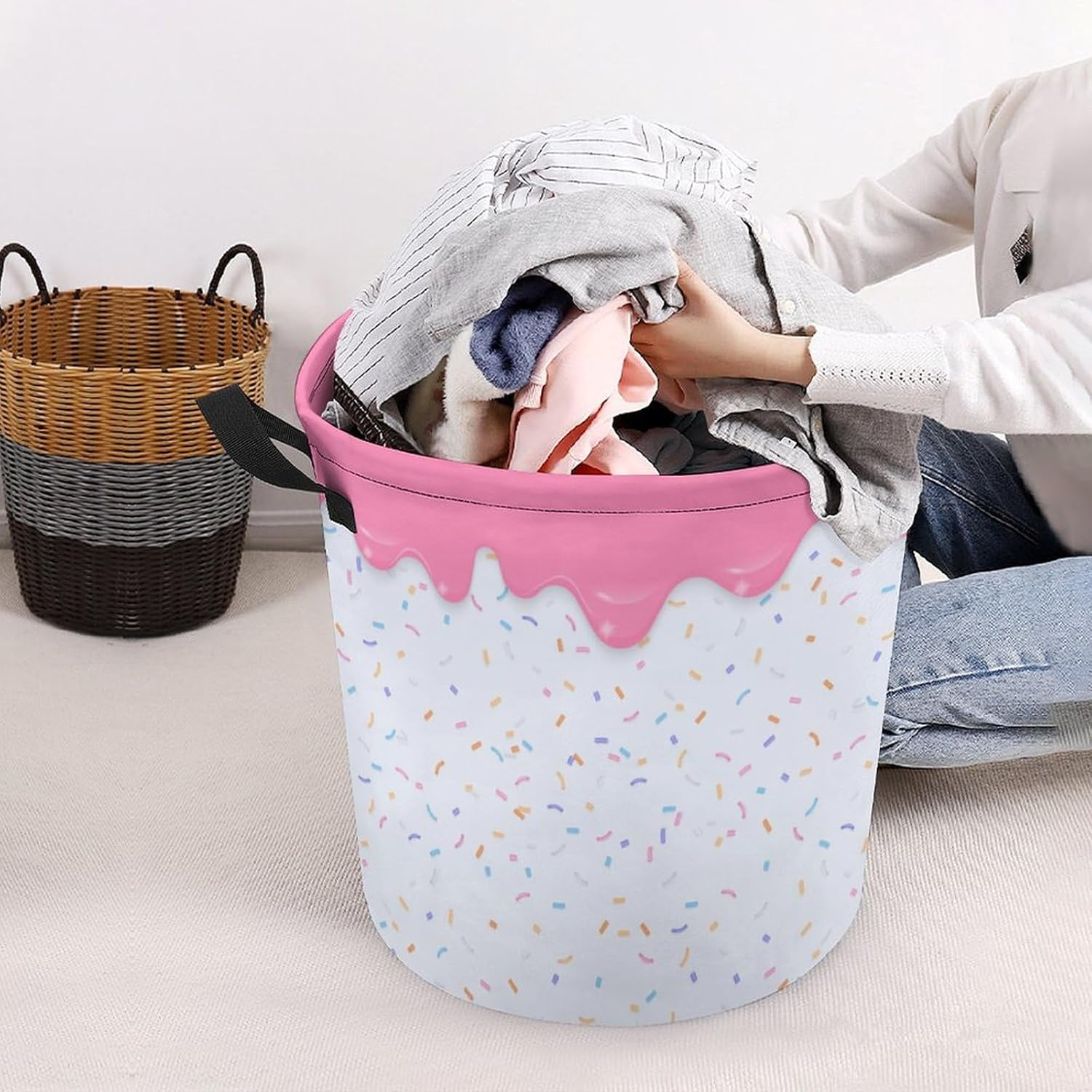 Pink Dripping Liquid Laundry Hamper Donut Basket for Dorms and Bedrooms