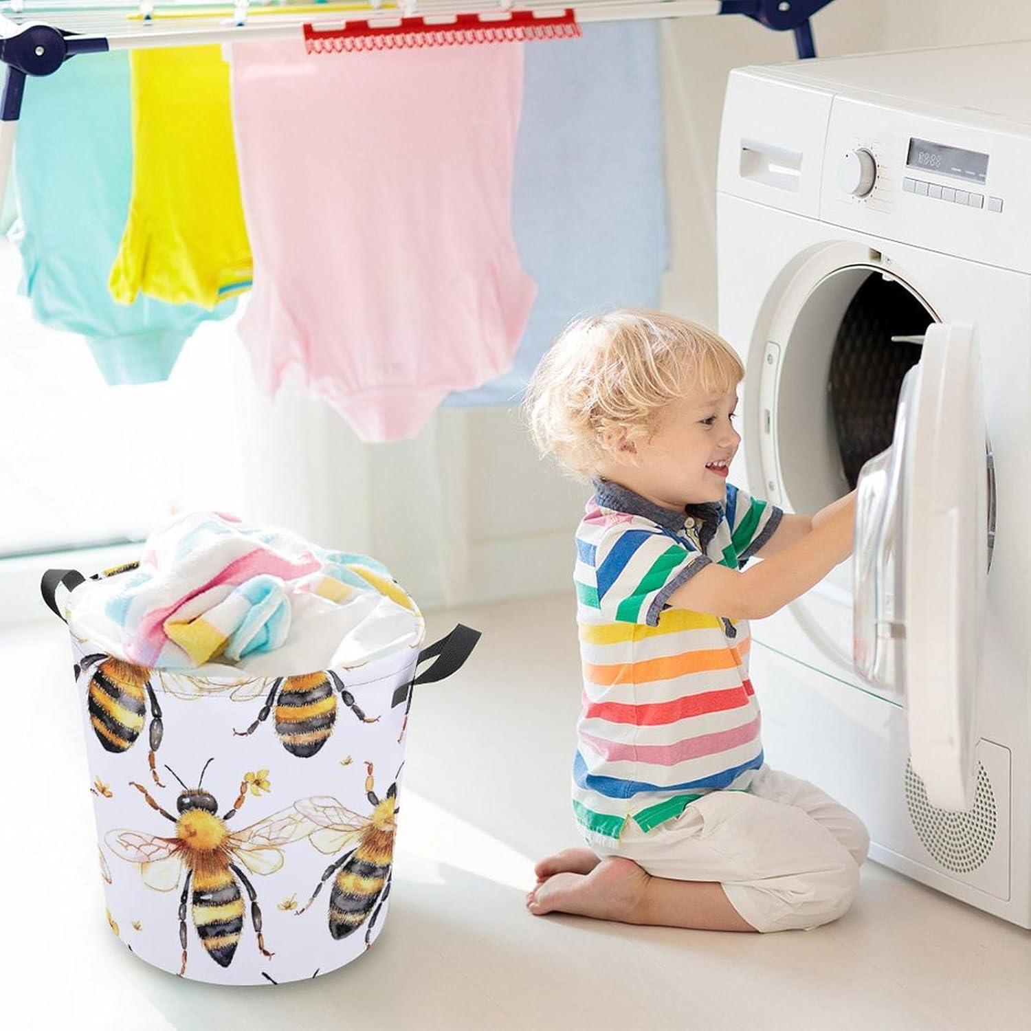 Compact Waterproof and Multi-Functional Laundry Hamper by MEIKKO Bee Pattern