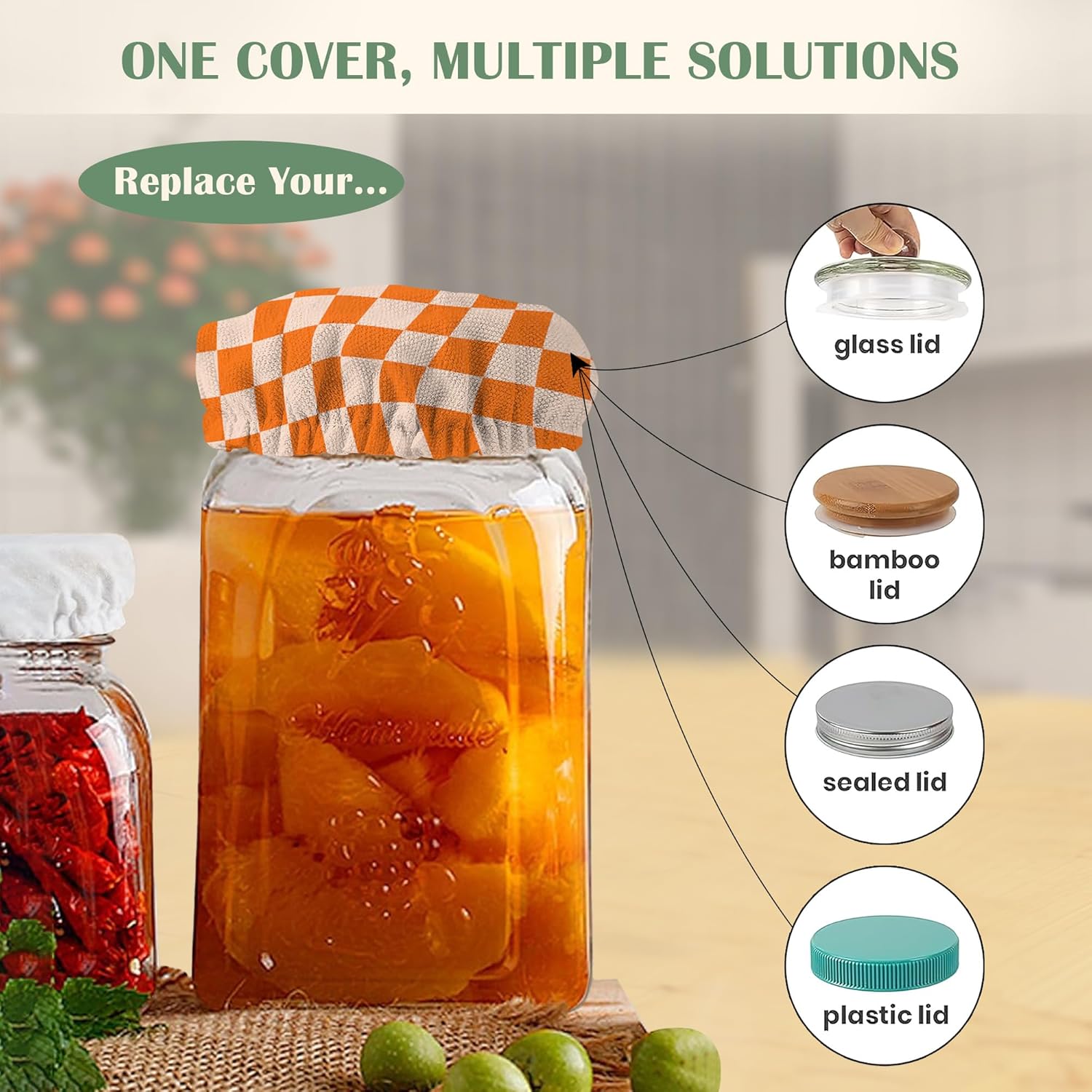Sourdough Starter Cloth Covers Jars Orange Chessboard Design 5 Pack