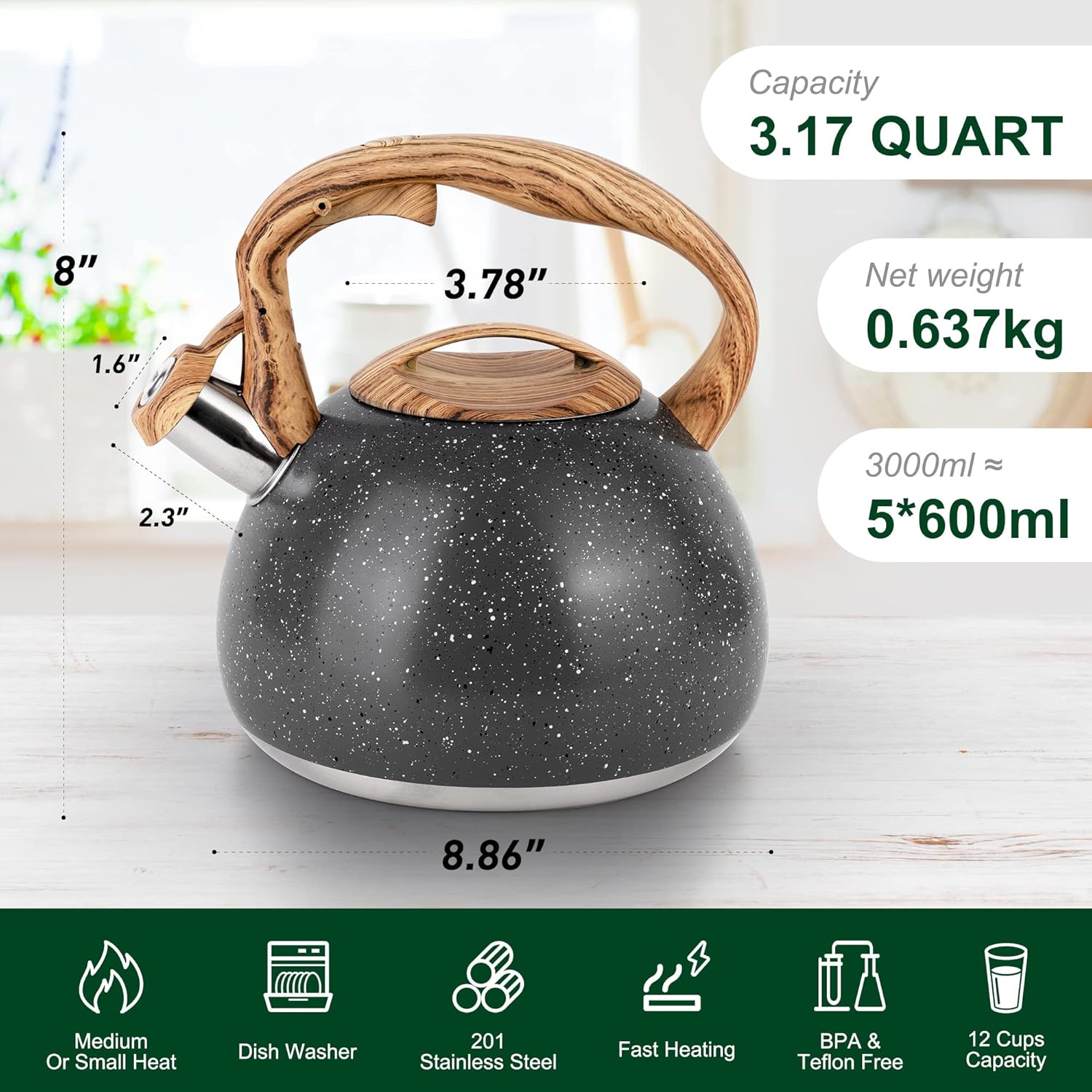 Greenual 32 Quart Loud Whistling Tea Kettle