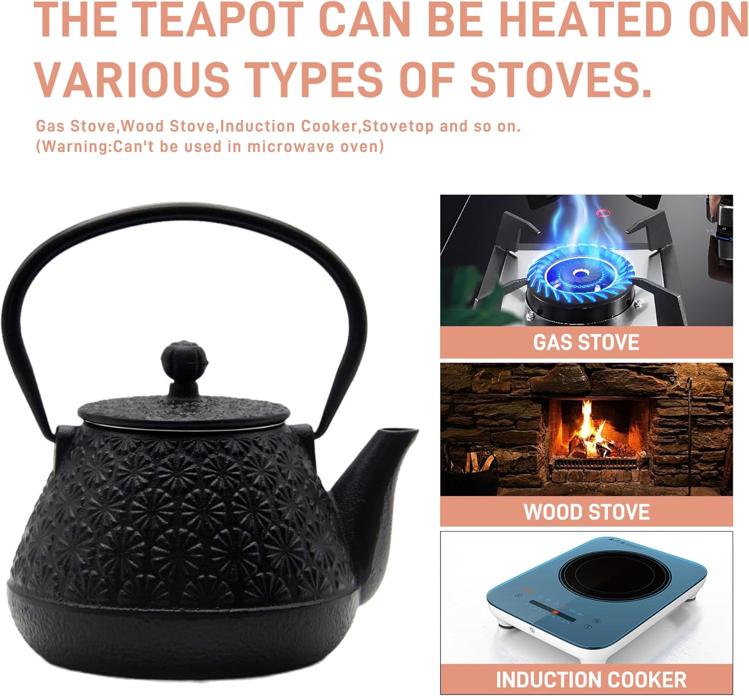 203oz Small Cast Iron Tea Kettle Sechudo Black Gerbera Pattern