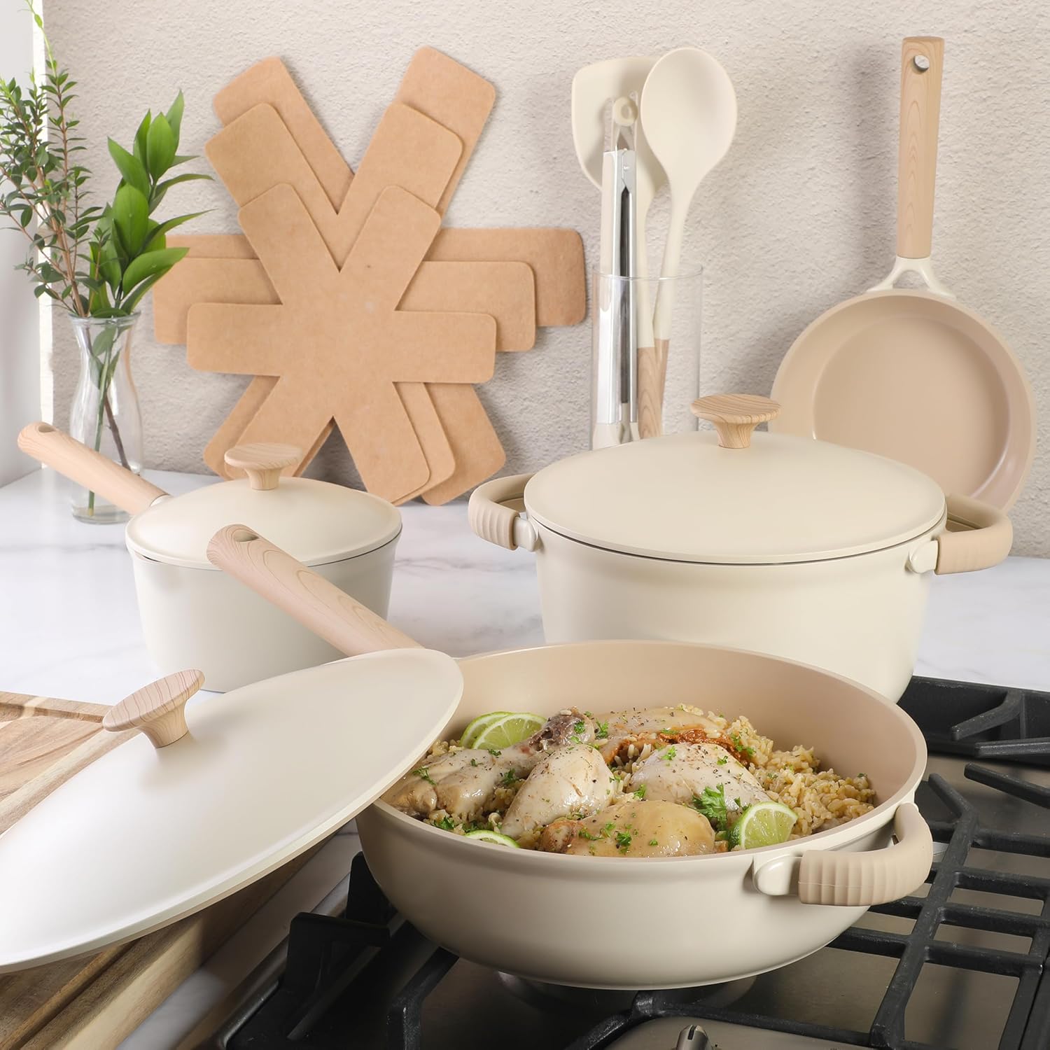Gibson Elite Folkstone Ceramics 13-Piece Cookware Set WInduction Safe Linear White Handle