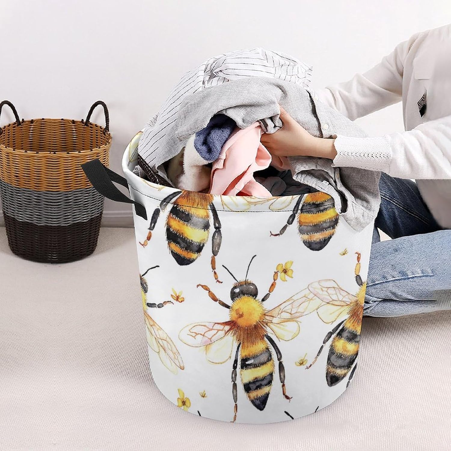 Compact Waterproof and Multi-Functional Laundry Hamper by MEIKKO Bee Pattern