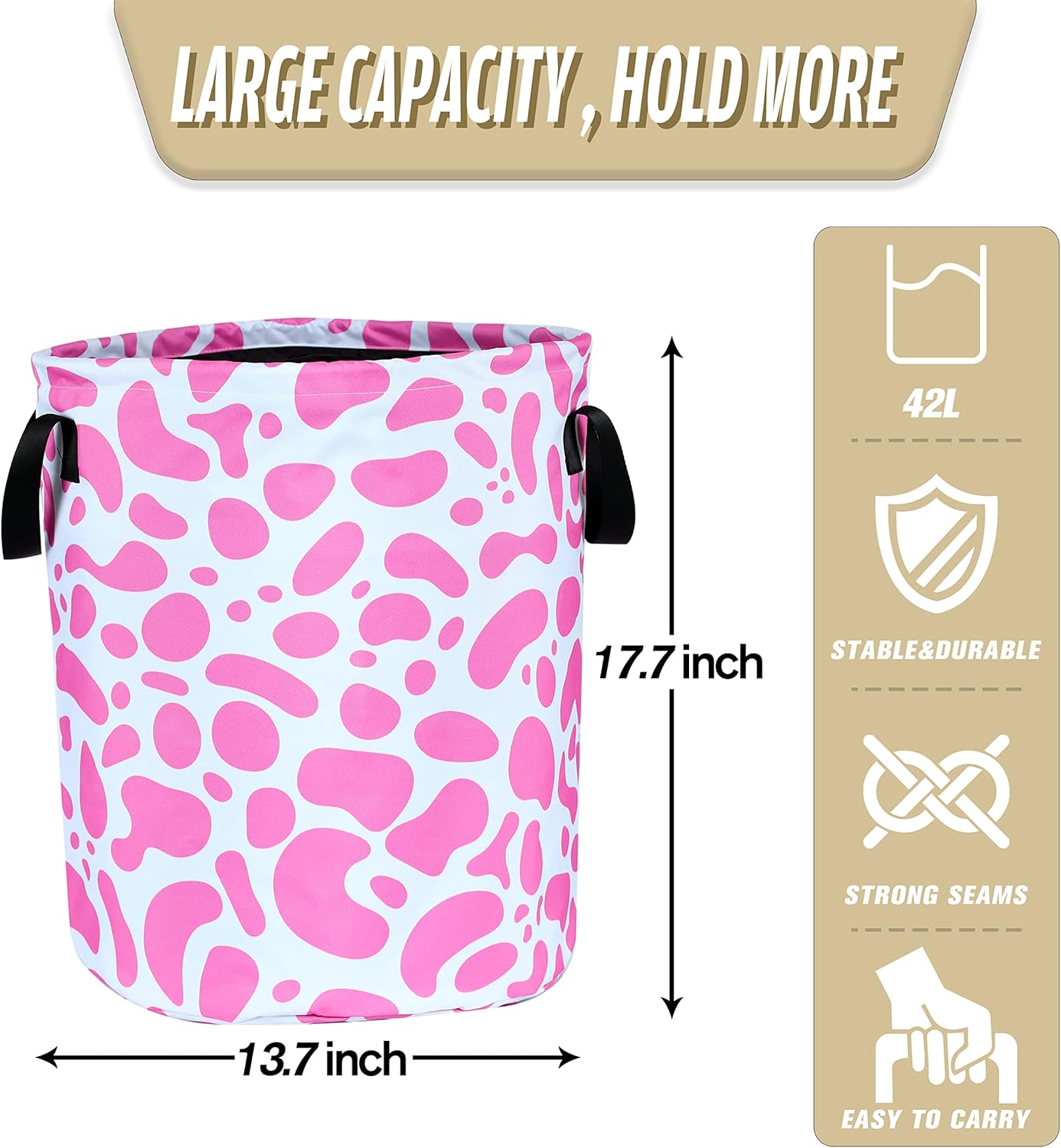 Pink Cow Print Foldable Laundry Basket Organizer