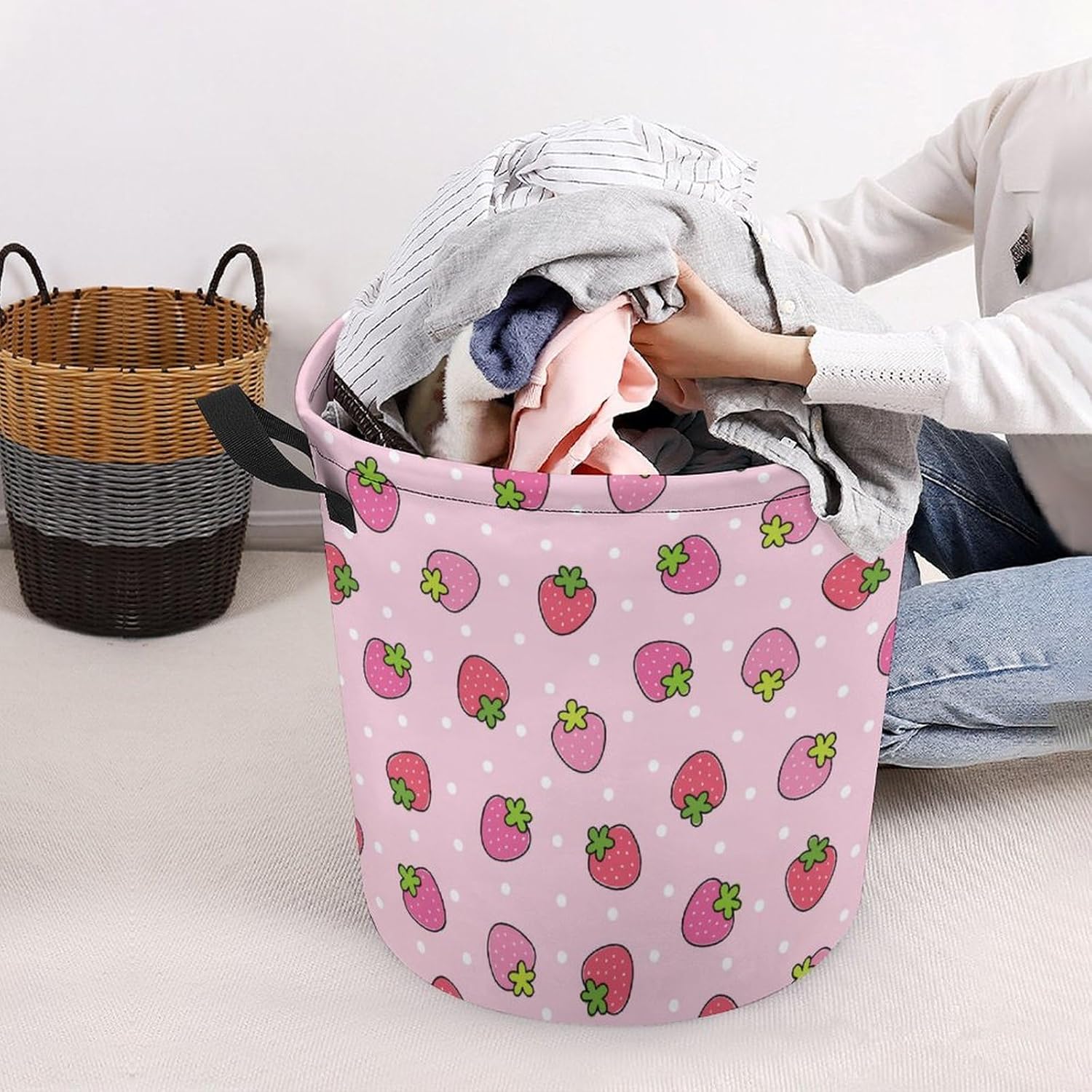 Stylish Pink Strawberry Laundry Hamper for Space-Saving Storage