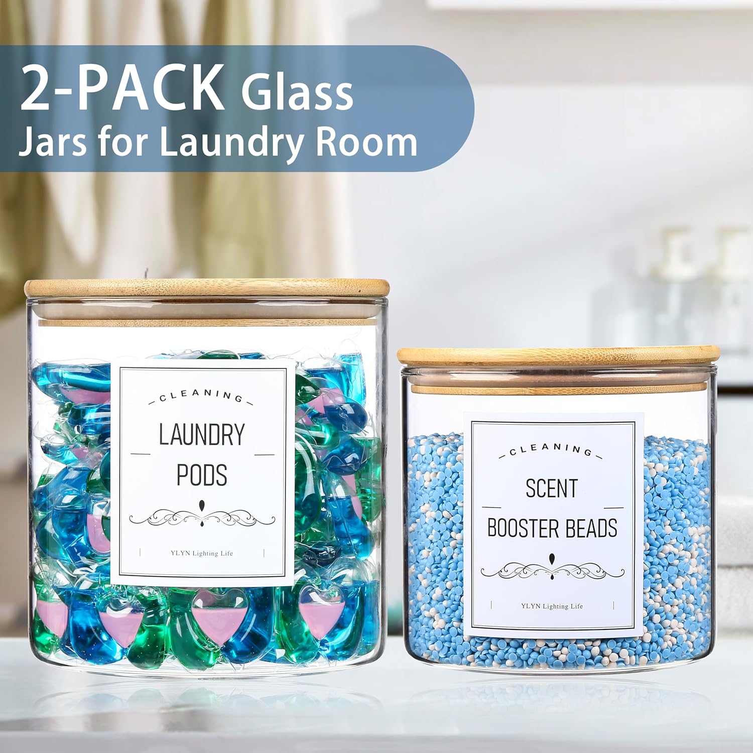 Glass Jars for Laundry Room Organization - Bamboo Lid Durable Eco-Friendly