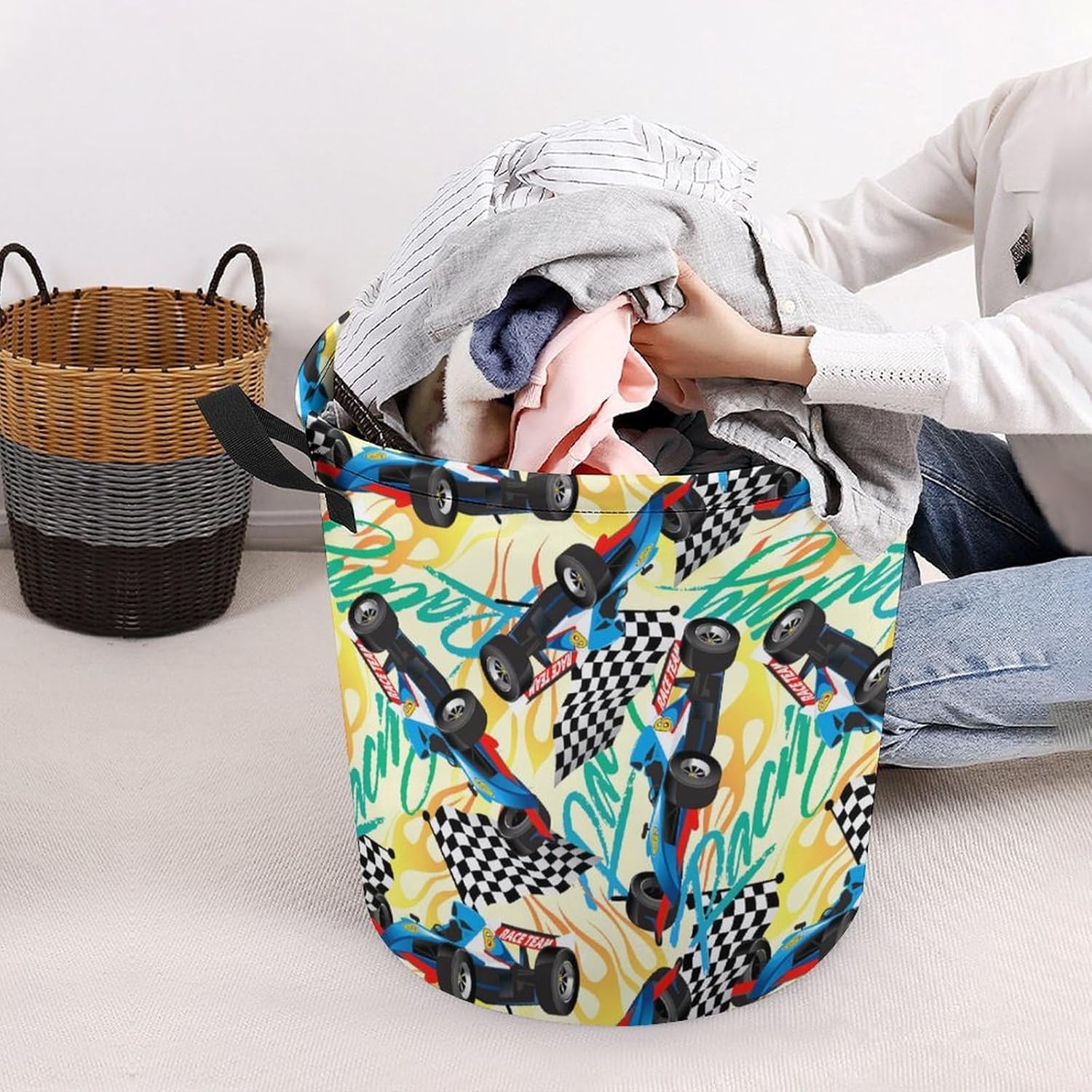 Racing Checkered Flag Waterproof Laundry Hamper Basket - Easy Carry Portable Storage