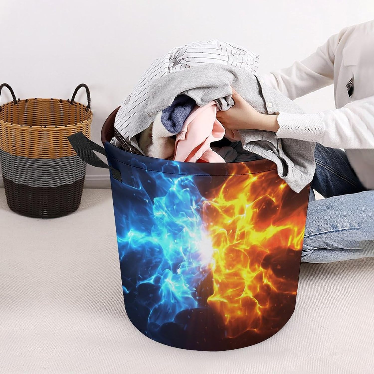 Crashing Blue and Red Flames Multi-functional Laundry Hamper - Durable and Waterproof