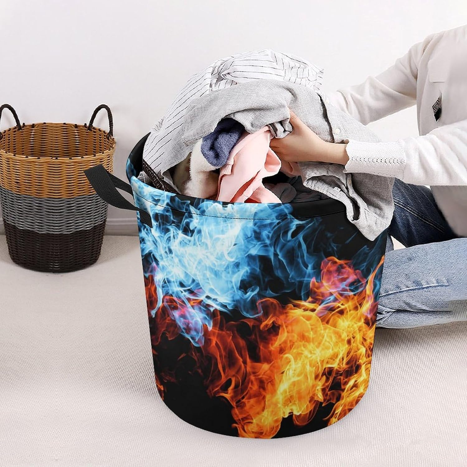 MEIKKO Red Blue Fire Multi-Purpose Laundry Hamper Toy Organizer Collapsible Waterfront Basket