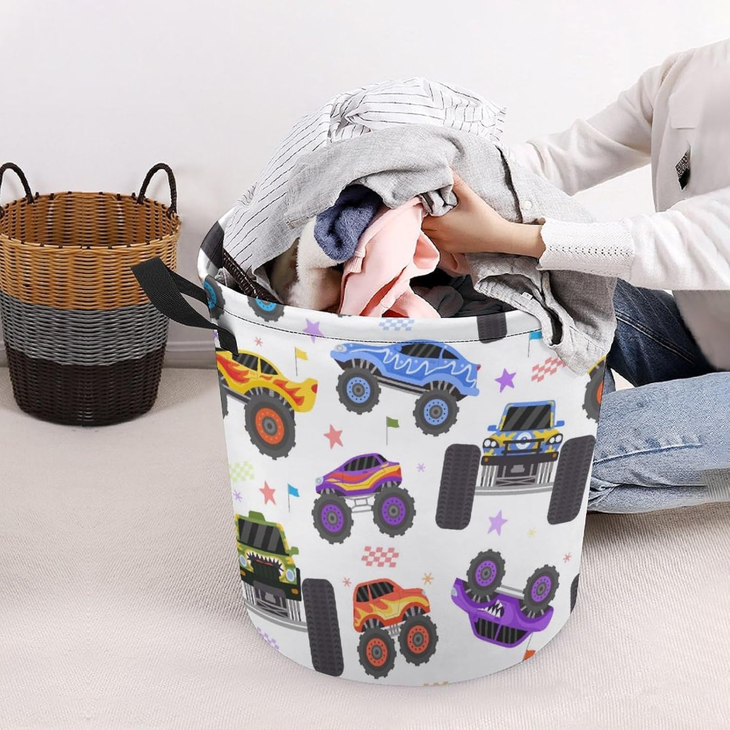 Cartoon Monster Trucks Extreme Racing Waterproof Laundry Hamper