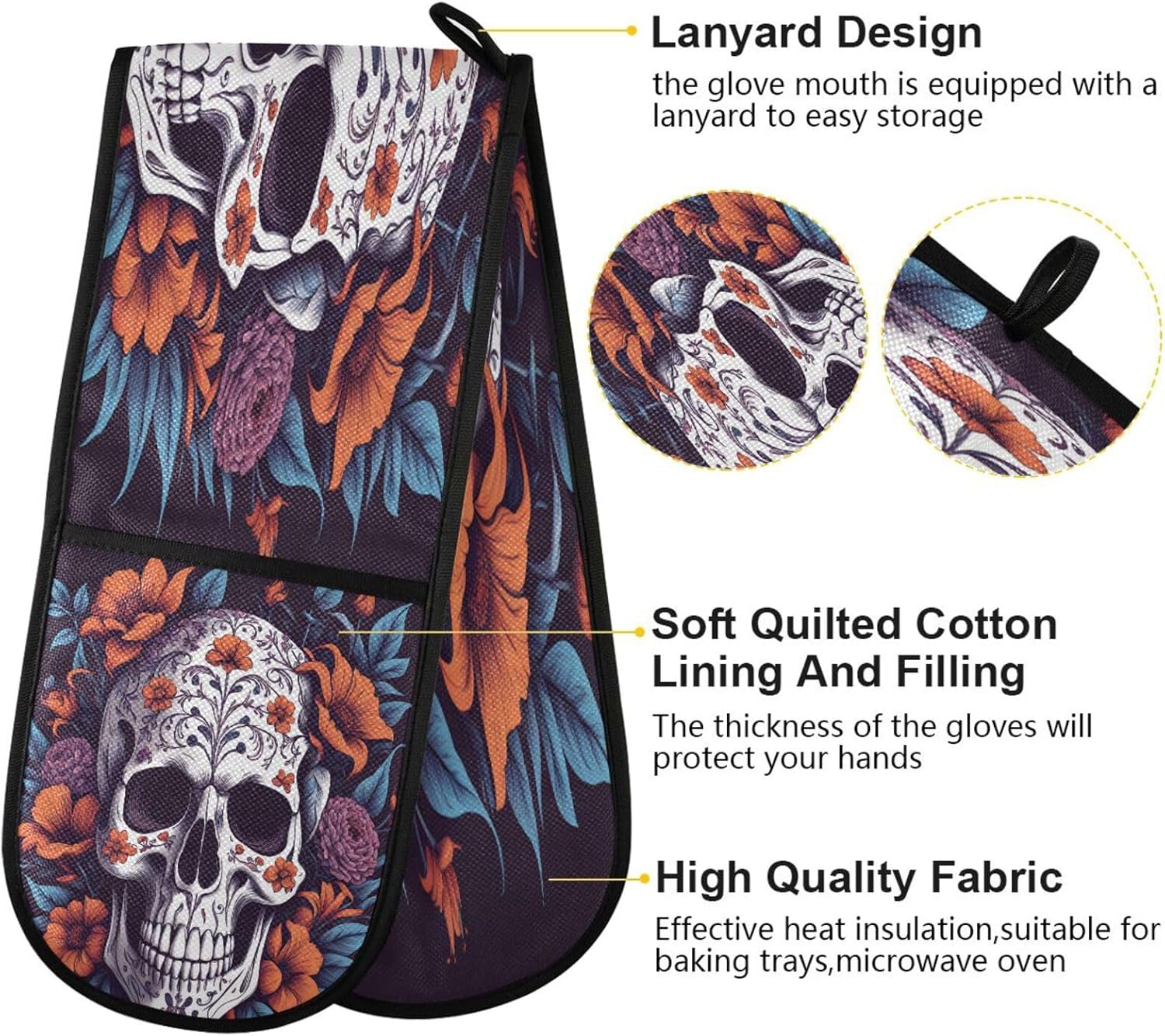 Halloween Floral Skull Skeleton Oven Mitts Heat Resistant Quteprint 35x7 inches