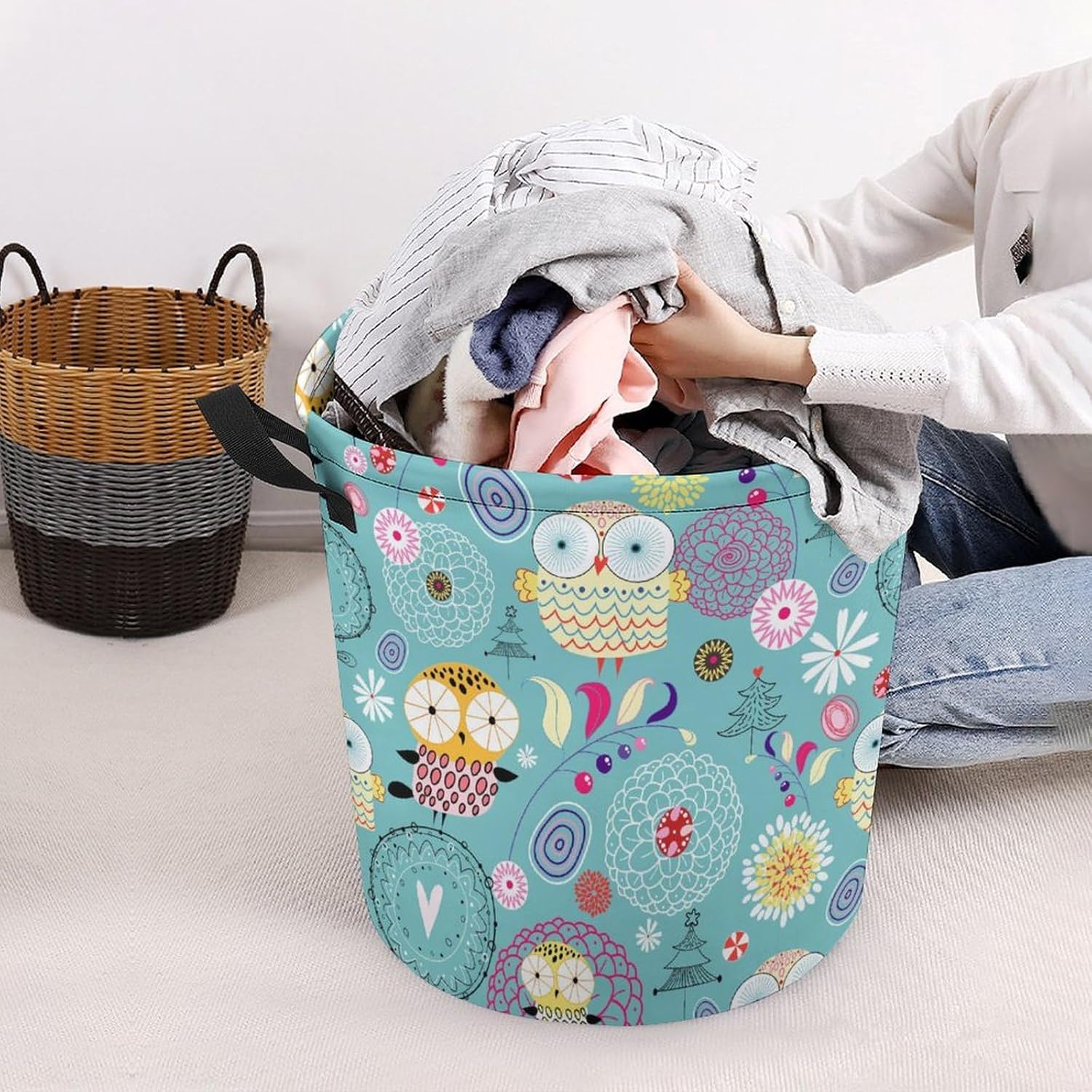 MEIKKO Flower Cute Owls Laundry Hamper