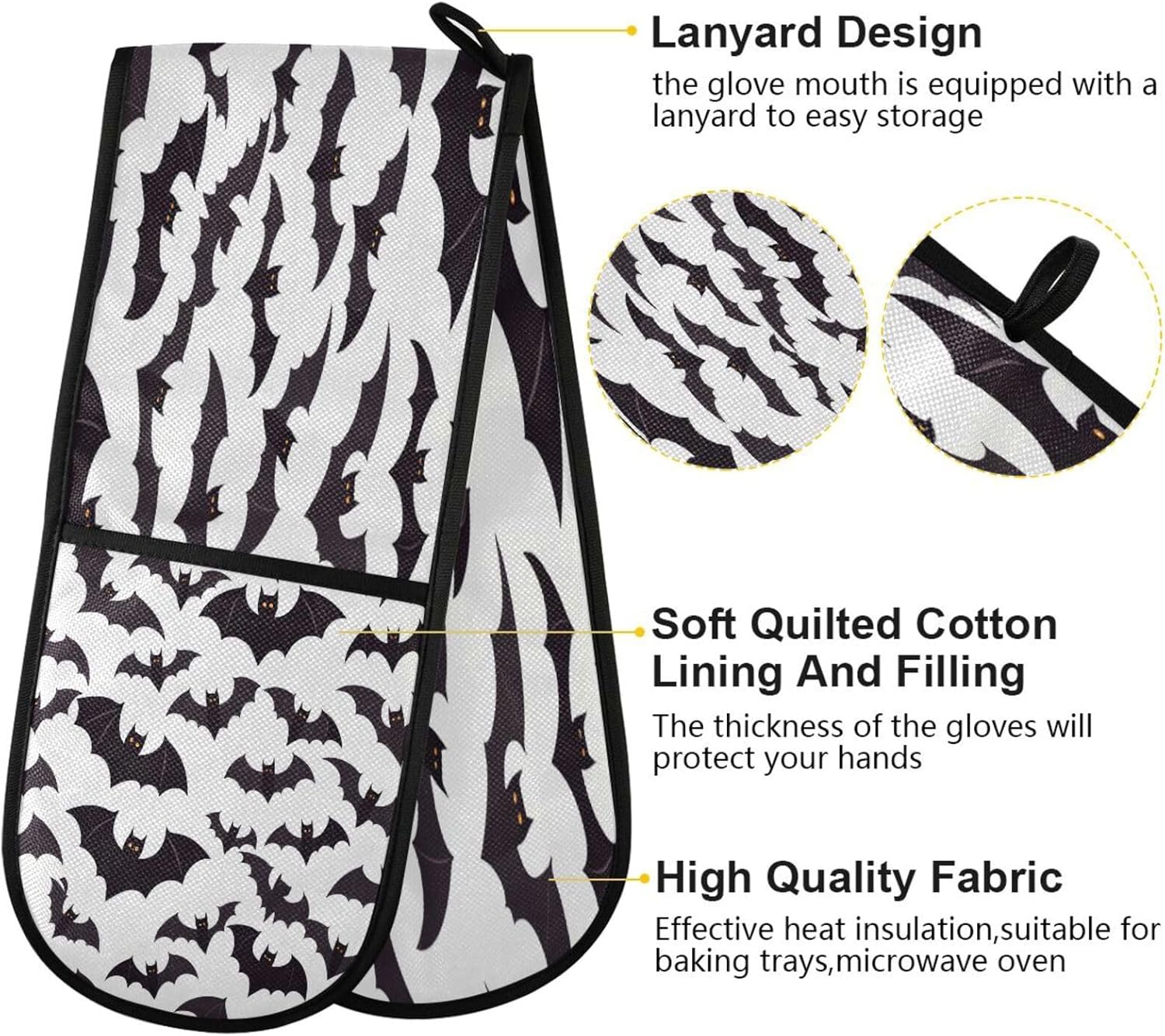 Quteprint Halloween Party Black Bat Long Double Oven Mitts Heat Resistant Pajamas