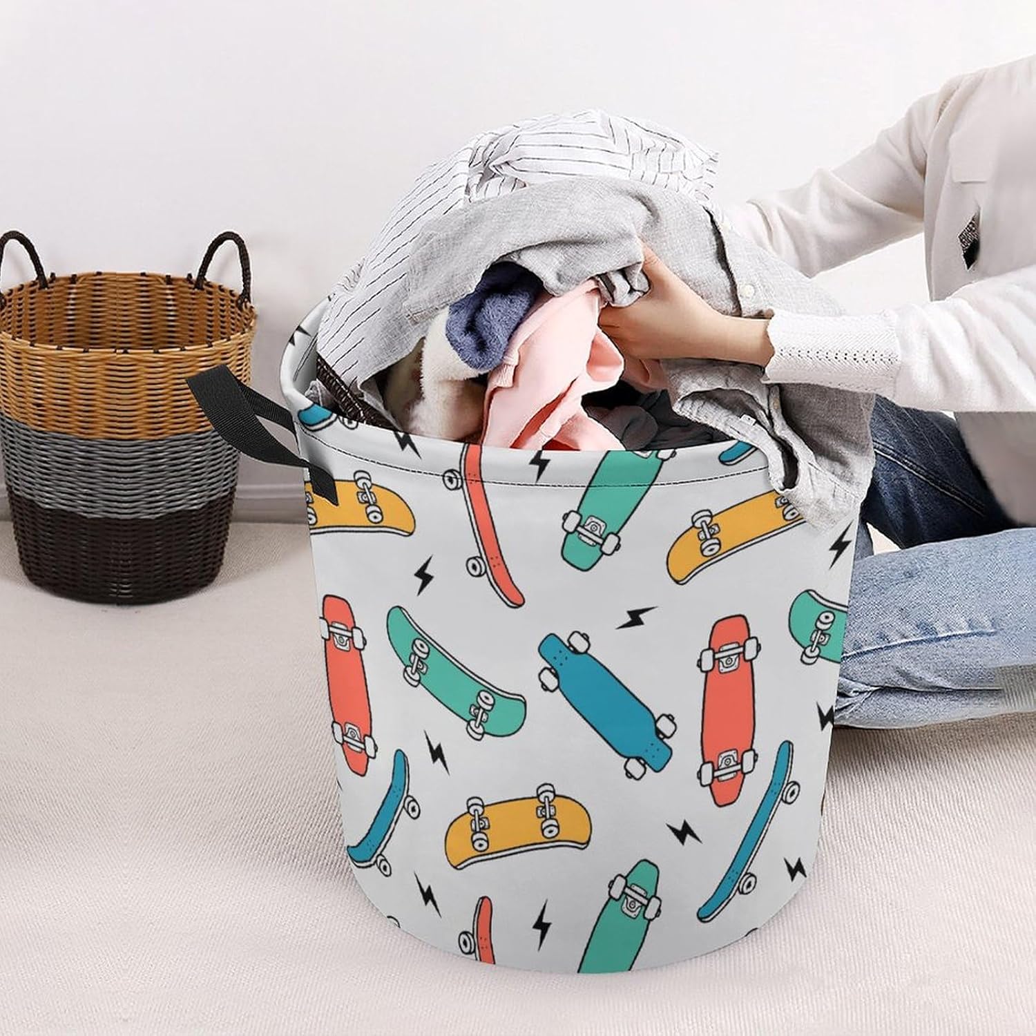 MEIKKO Hand Drawn Skateboarding Laundry Hamper Waterproof Clothes Basket with Easy Carry Handles