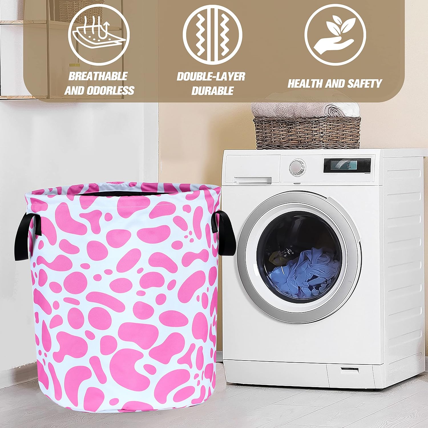 Pink Cow Print Foldable Laundry Basket Organizer
