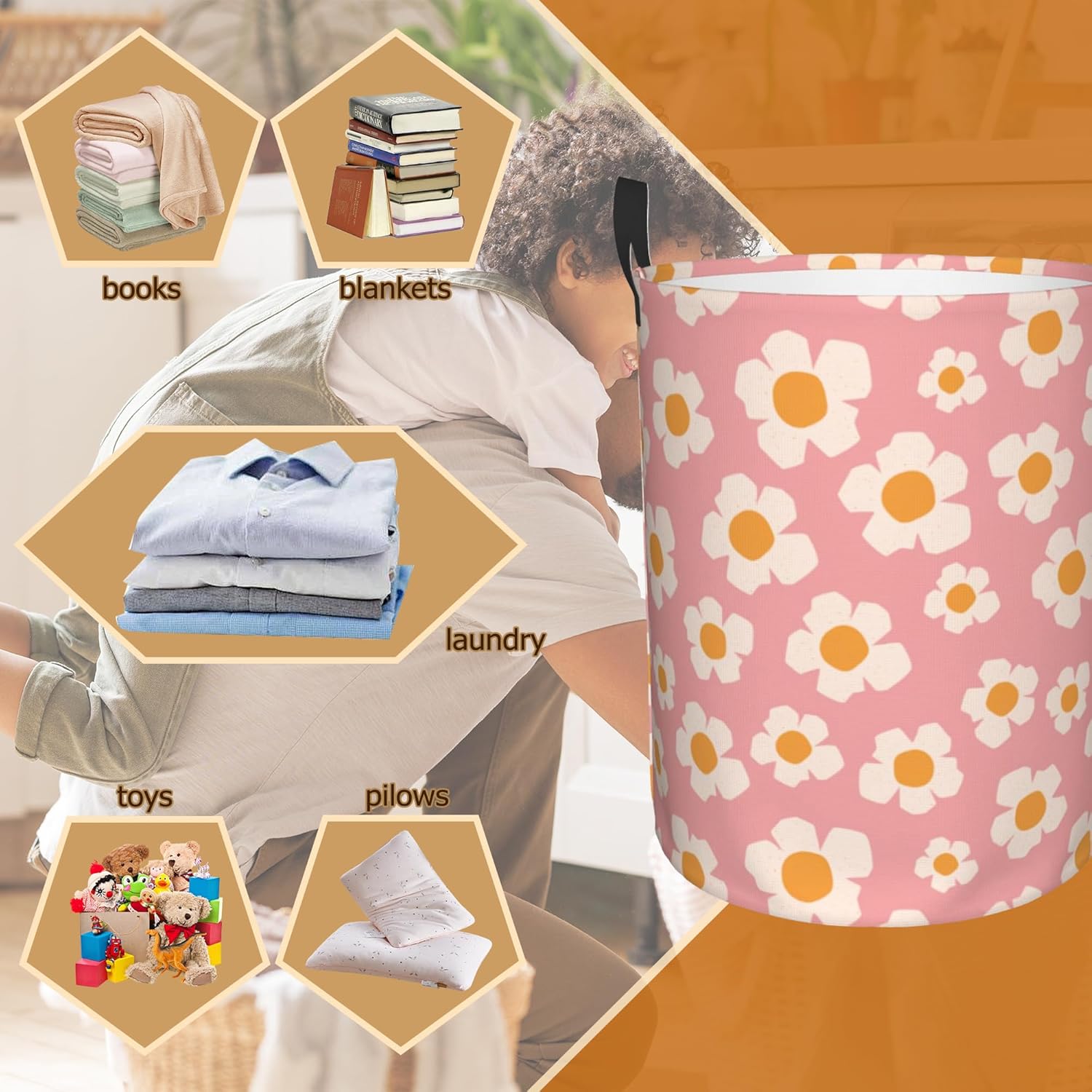 Large Retro Storage Bin Fits 16x20inch Collapsible Diary Floral Pattern