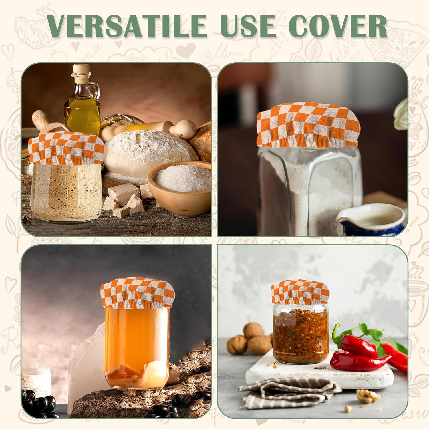 Sourdough Starter Cloth Covers Jars Orange Chessboard Design 5 Pack