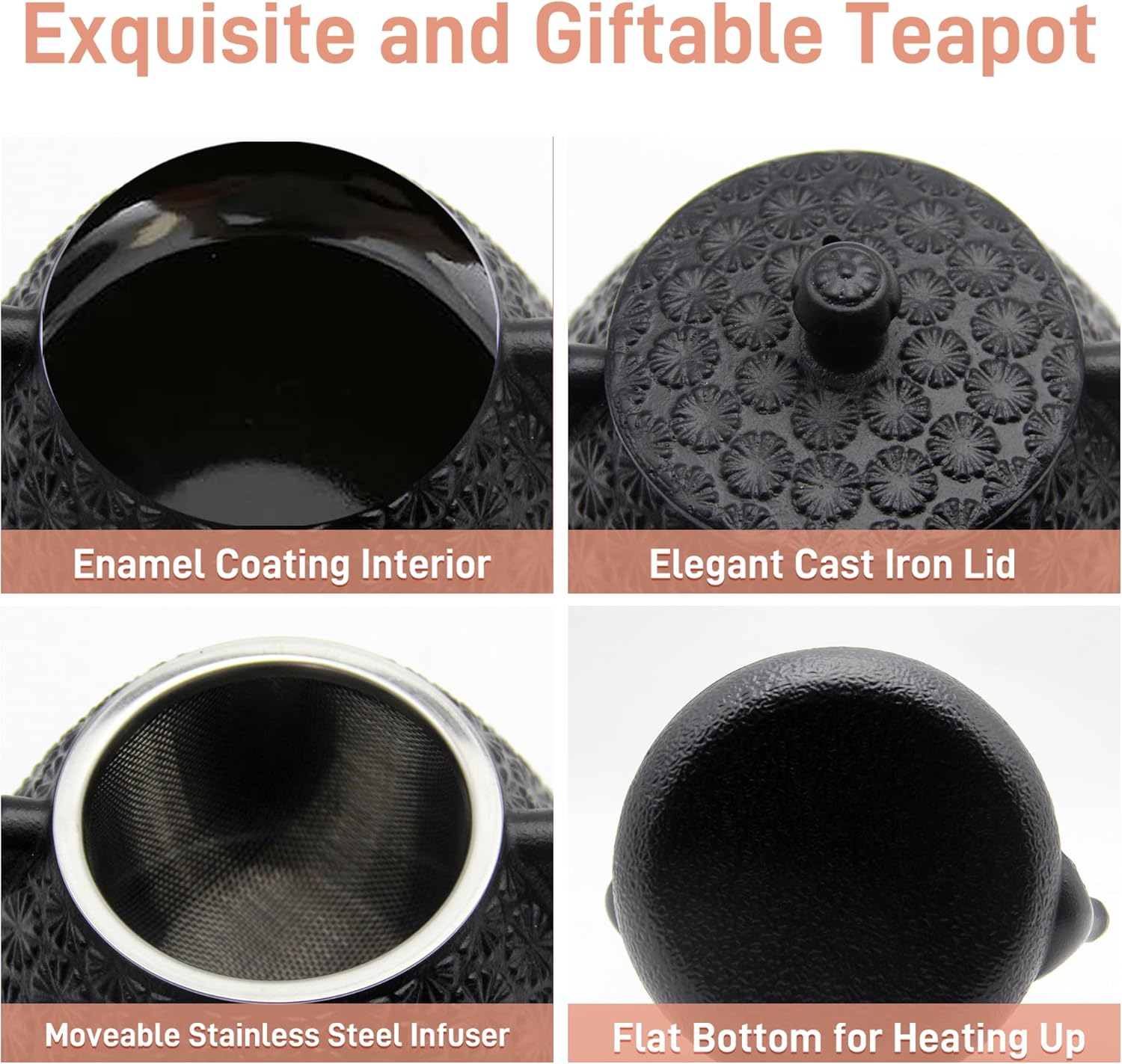 203oz Small Cast Iron Tea Kettle Sechudo Black Gerbera Pattern
