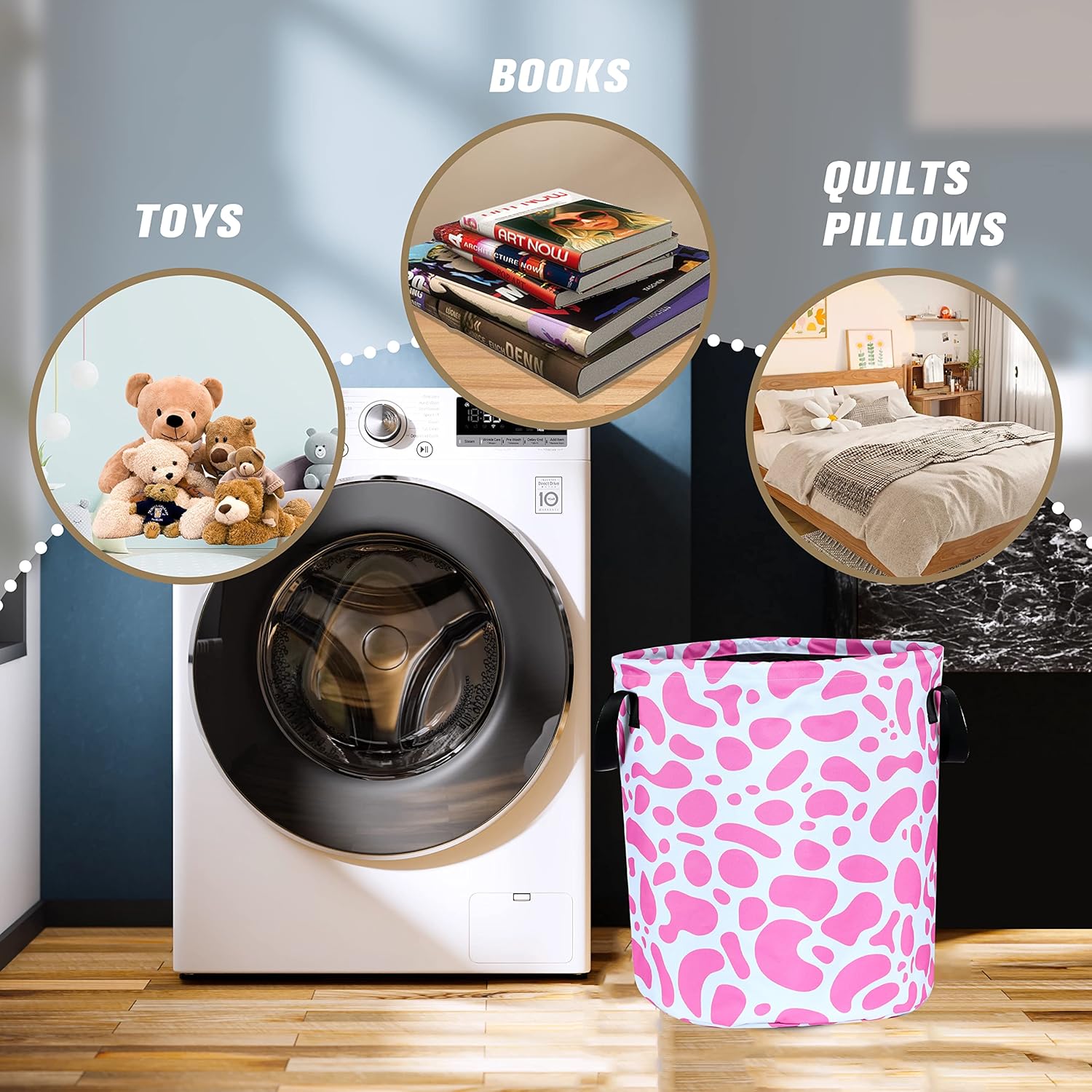 Pink Cow Print Foldable Laundry Basket Organizer