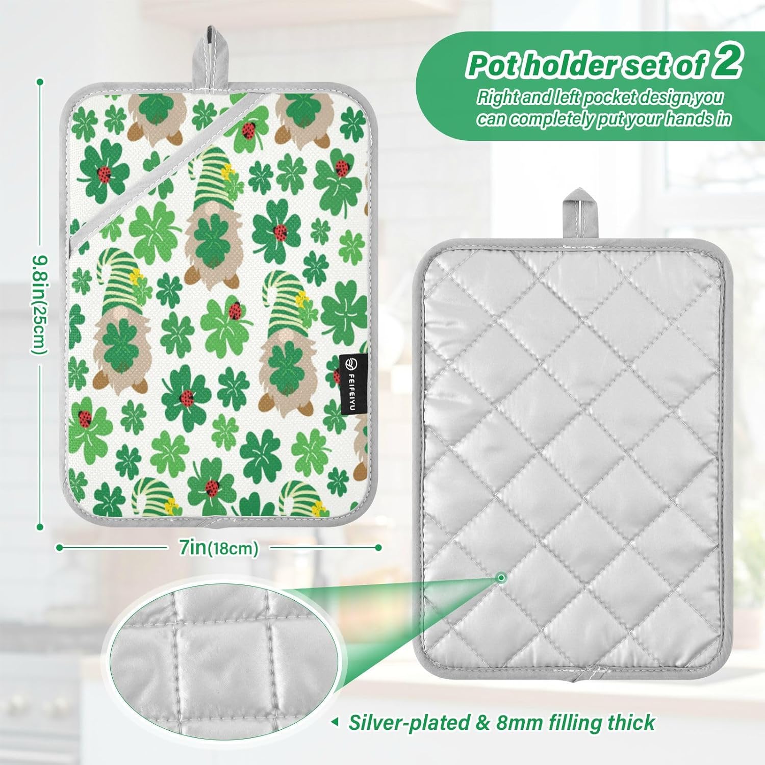 Lucky Green Clover Leaves with Gnomes Heat-Resistant Durable Oven Mitts