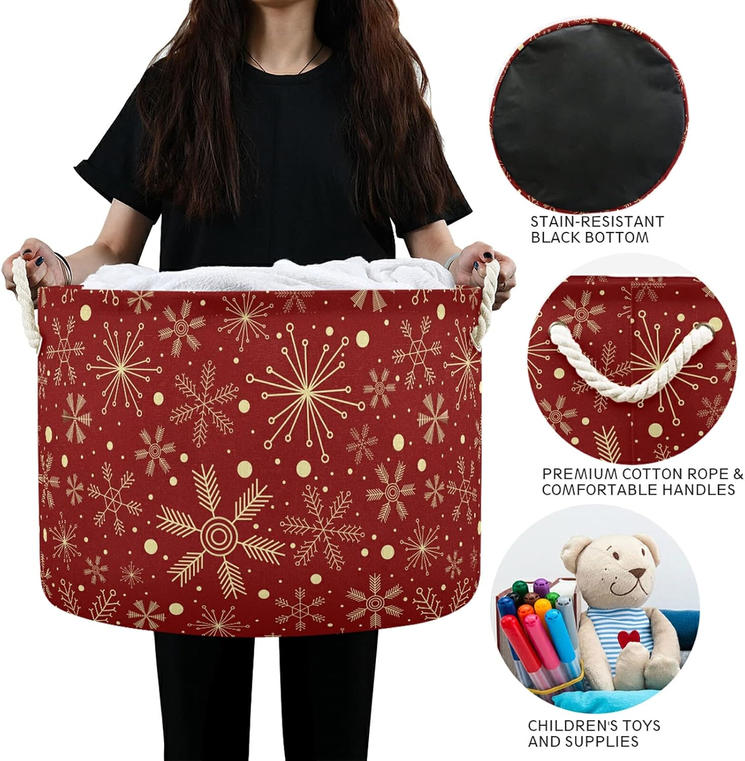 Stylish Christmas Storage Basket for Laundry with Dark Red Snowflakes Design