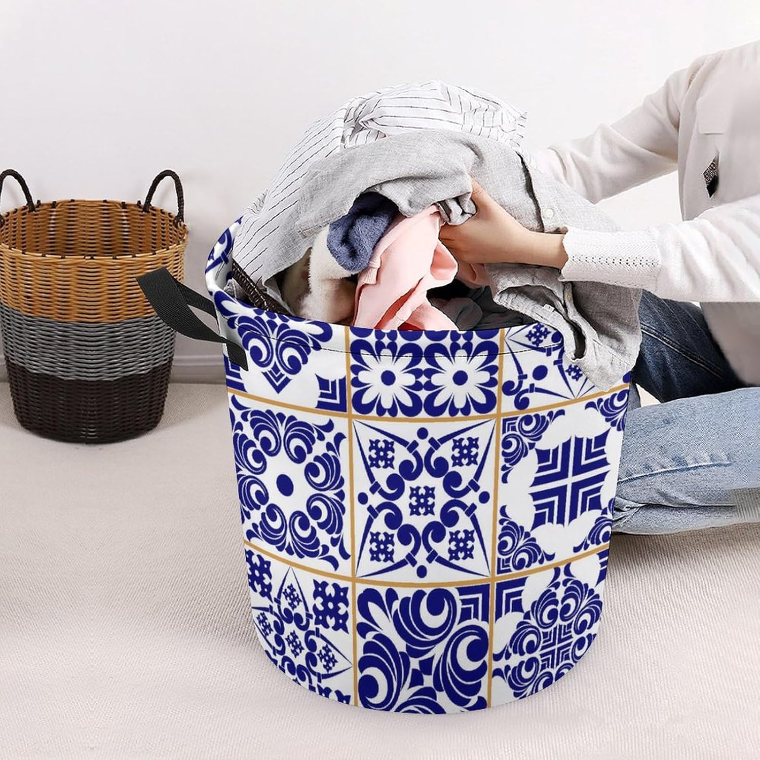 Blue Patchwork Tile Laundry Basket