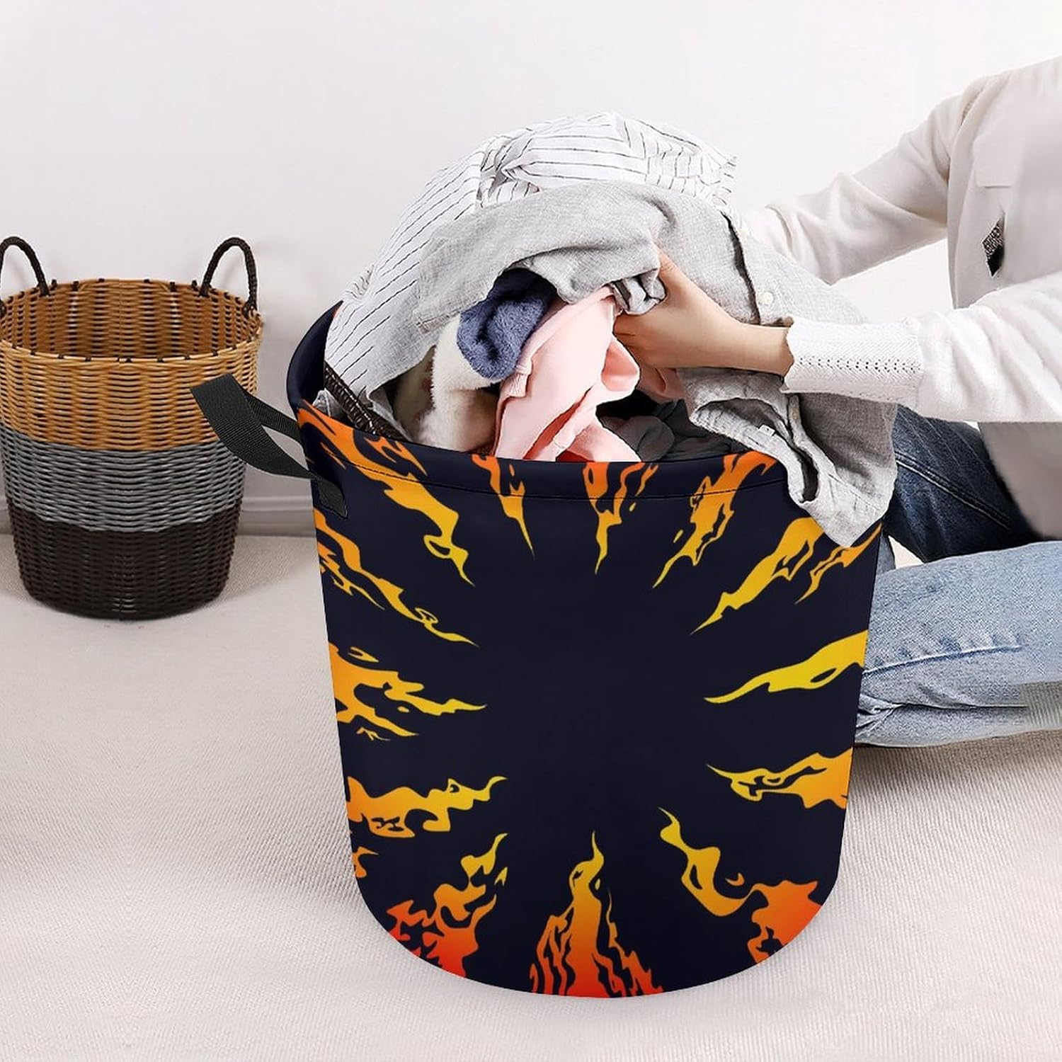 Attractive Fire Black Background Laundry Hamper