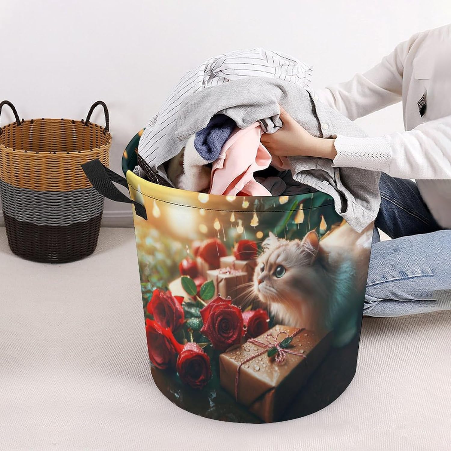 Waterproof and Cute Rose Raindrops Kittens Laundry Hamper with Easy Carry Handles