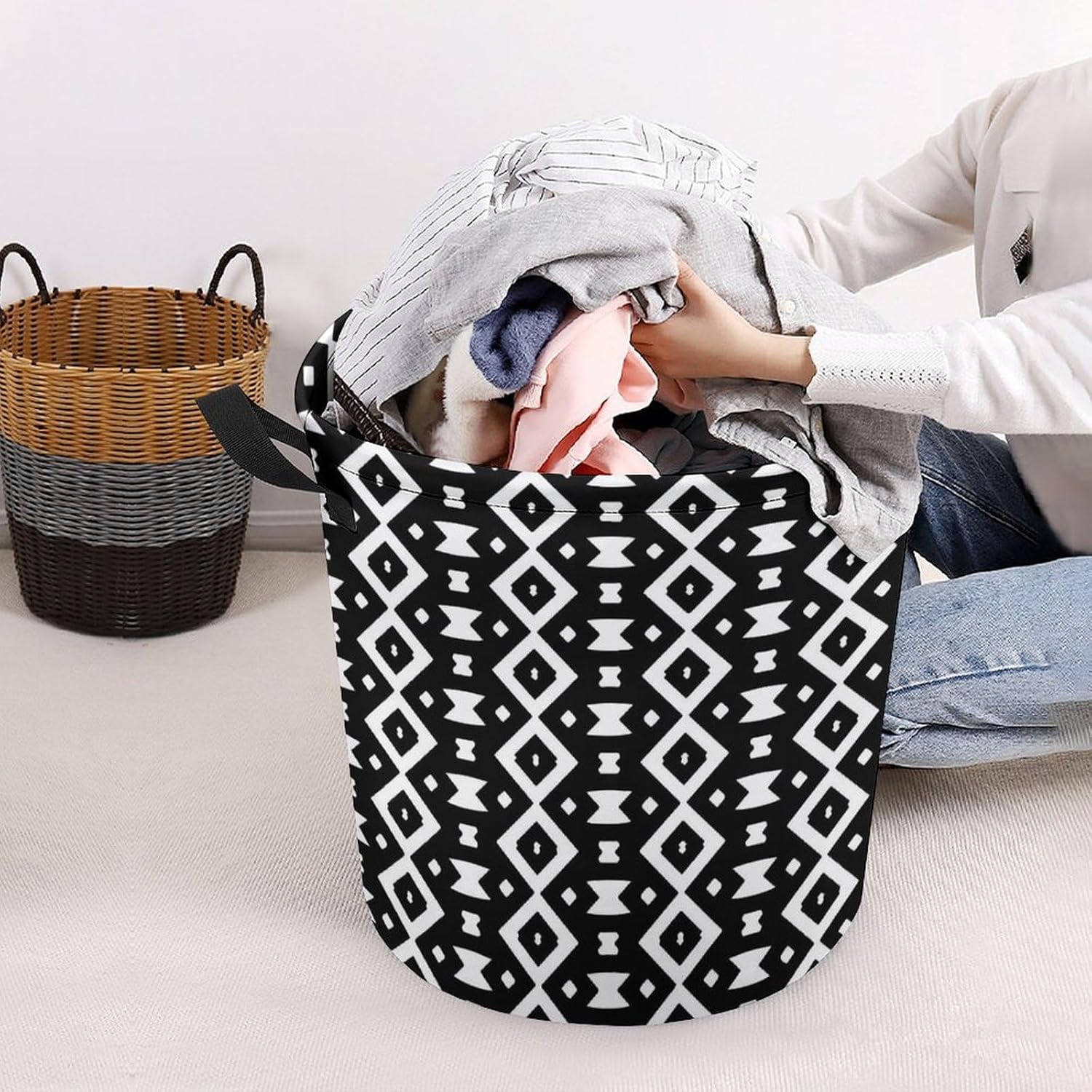 Monochrome Pattern Laundry Baskets Multi-functional Storage for Home Travel College
