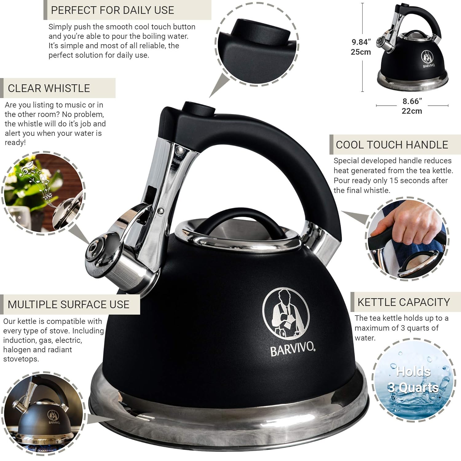 Barvivo Whistling Tea Kettle - 3 Quart Large Size