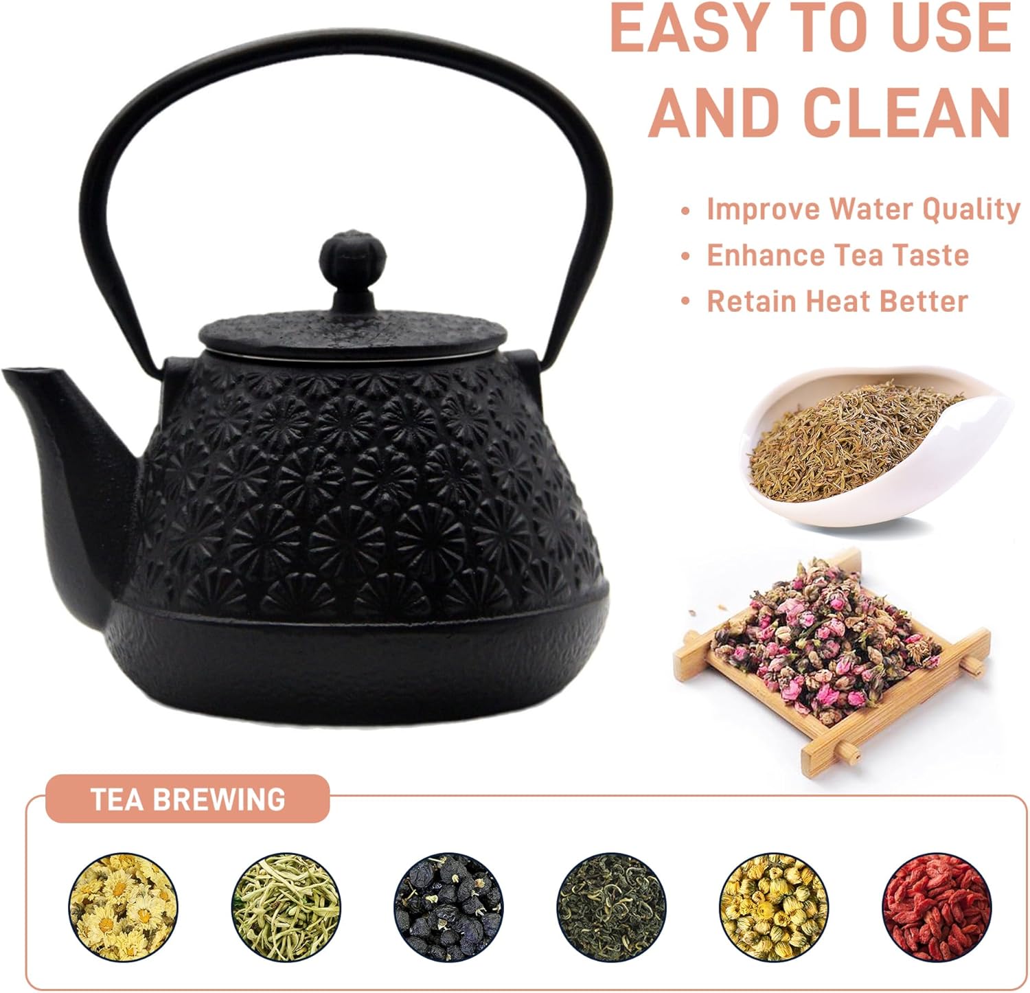 203oz Small Cast Iron Tea Kettle Sechudo Black Gerbera Pattern