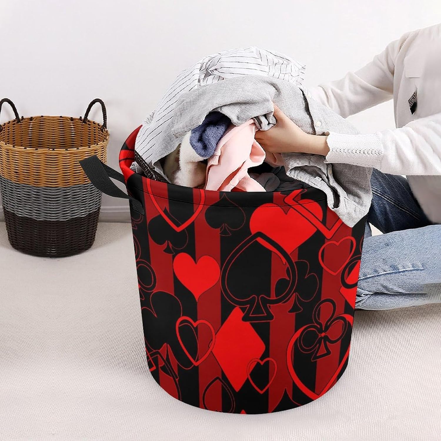 MEIKKO Playing Cards Laundry Hamper Black Red Striped