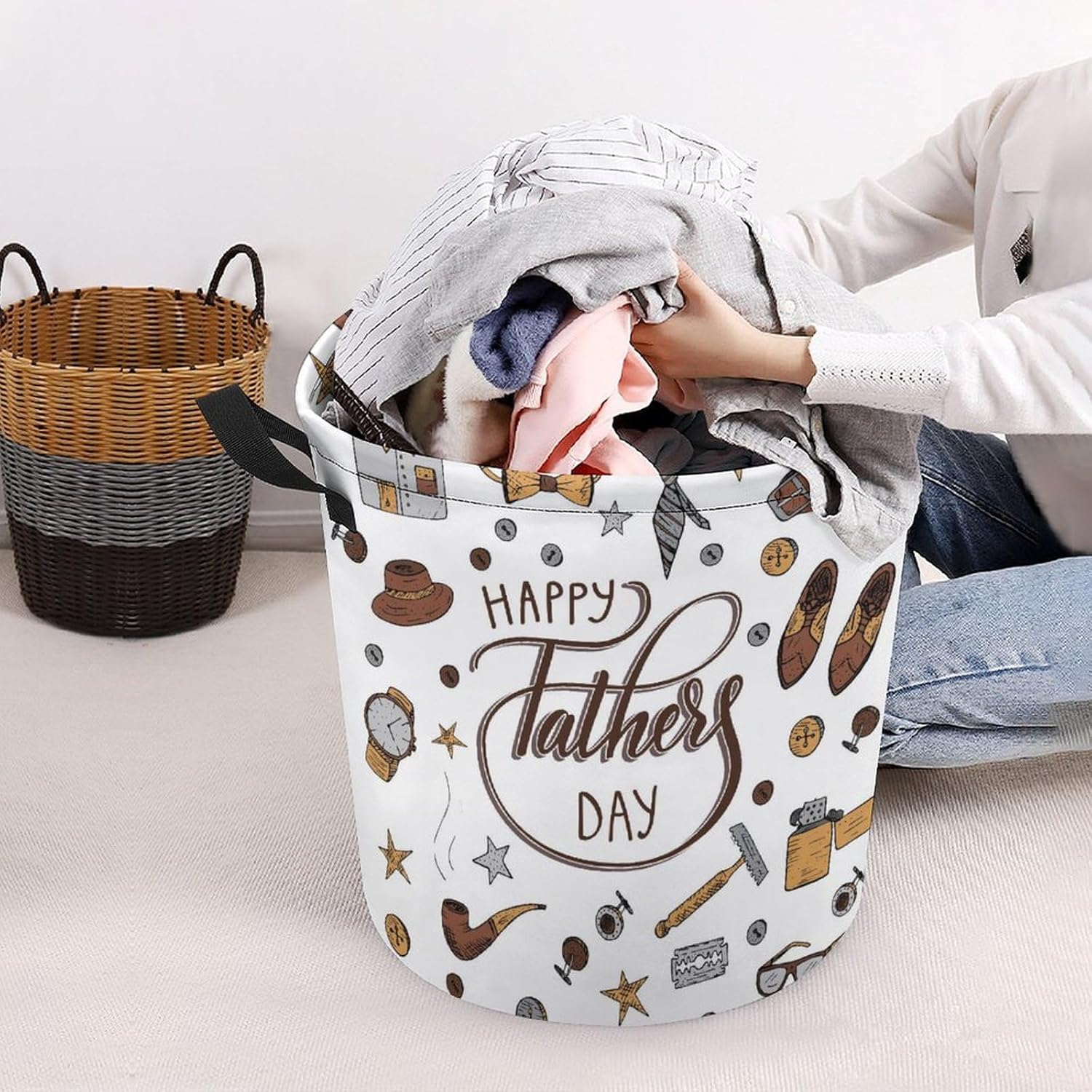 Happy Fathers Day Laundry Hamper with Waterproof Design and Carry Handles