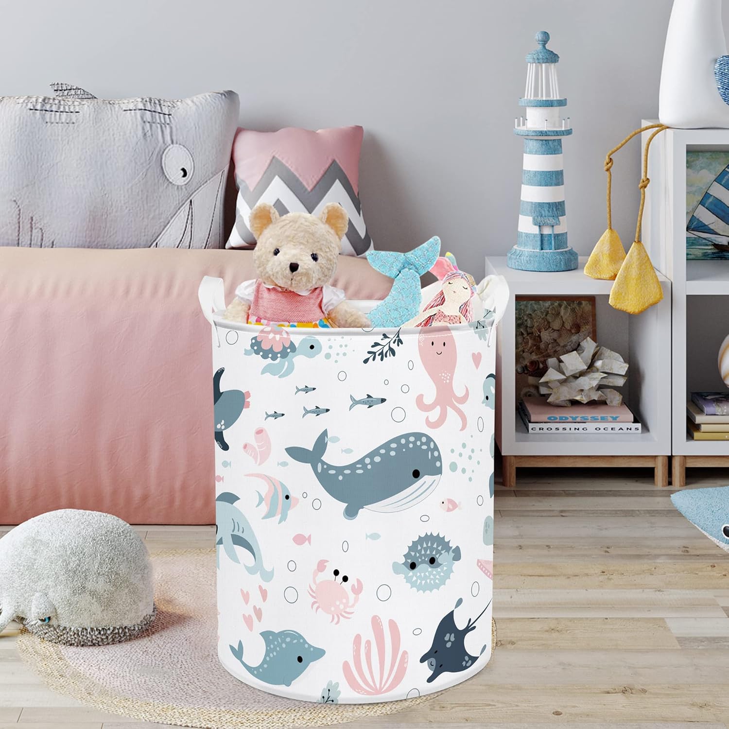 Clastyle Marine Animals Bubbles Kid Laundry Basket with Lid Foldable Pink Mermaid
