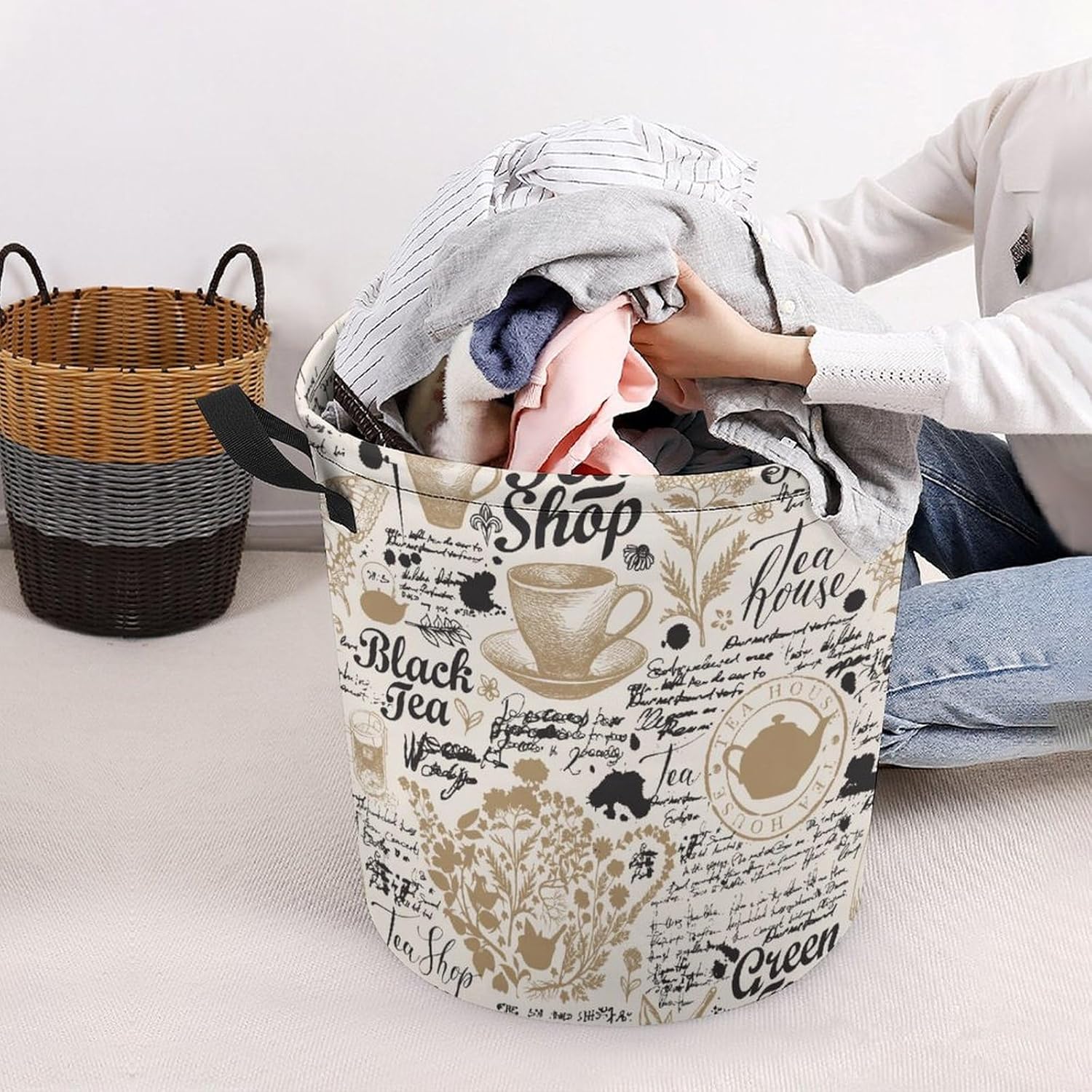 Elegant Tea-Themed Storage Hamper for Laundry Organization