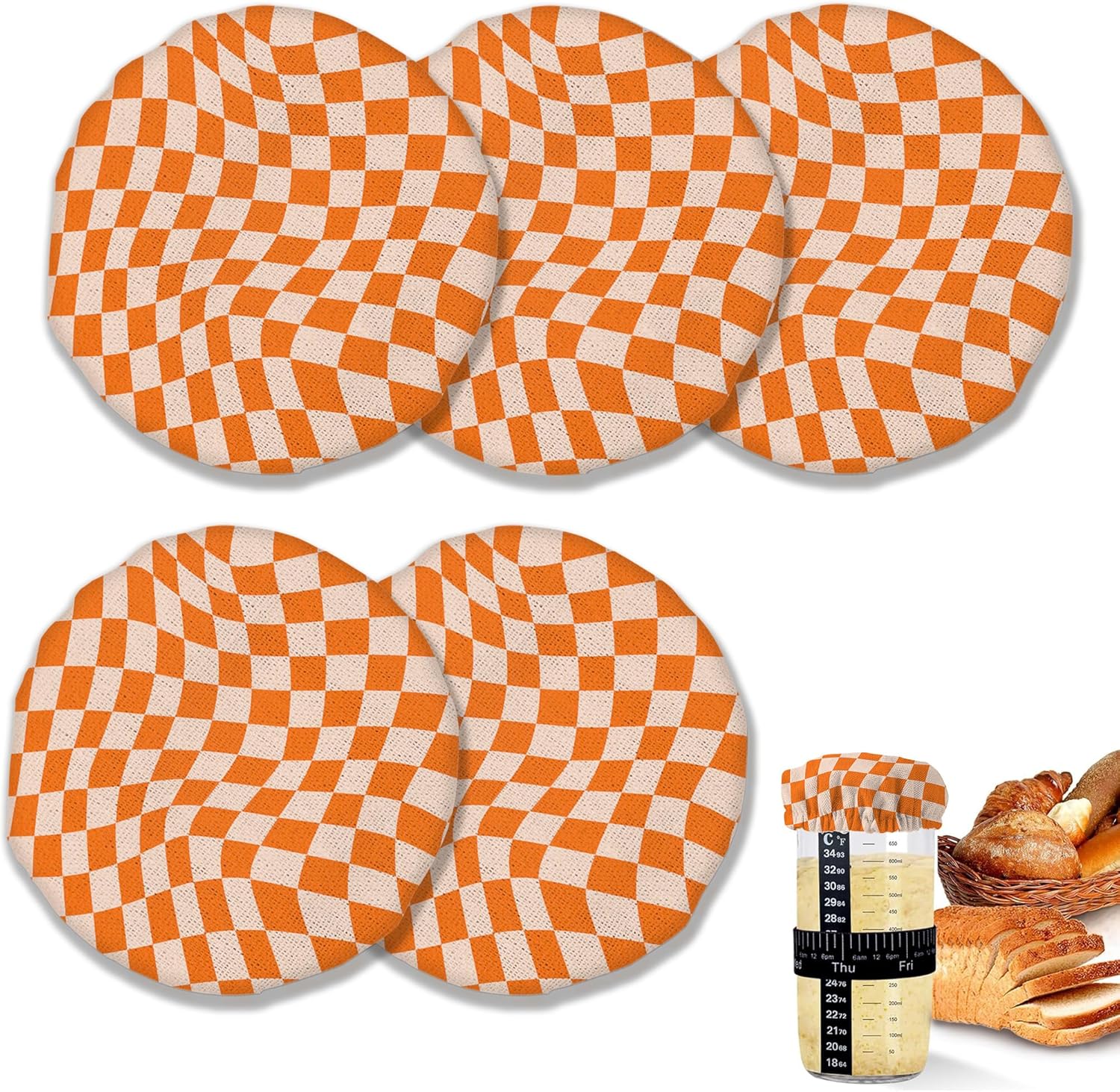 Sourdough Starter Cloth Covers Jars Orange Chessboard Design 5 Pack